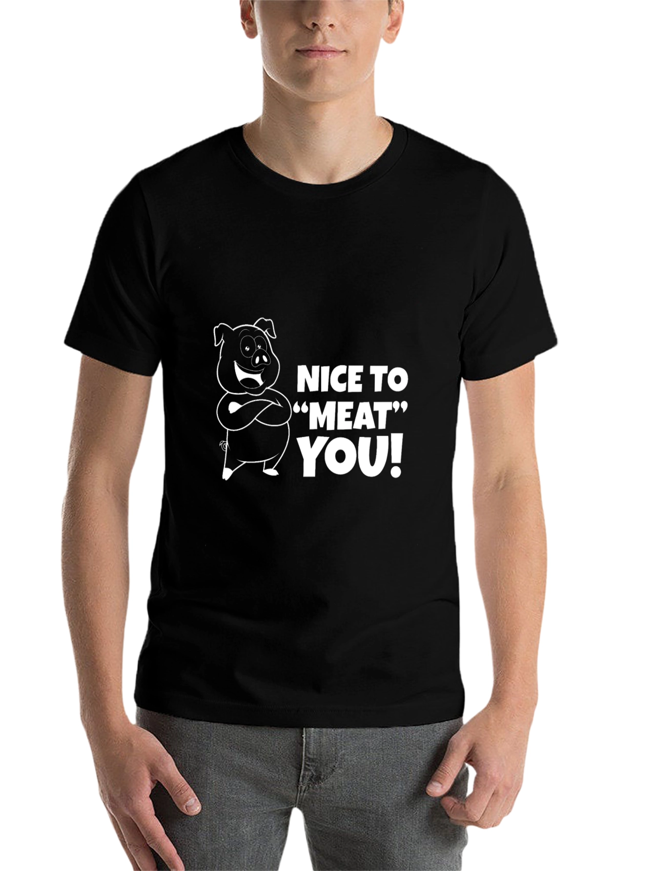 Black Nice to Meat You Pig Graphic Black T-Shirt view 7