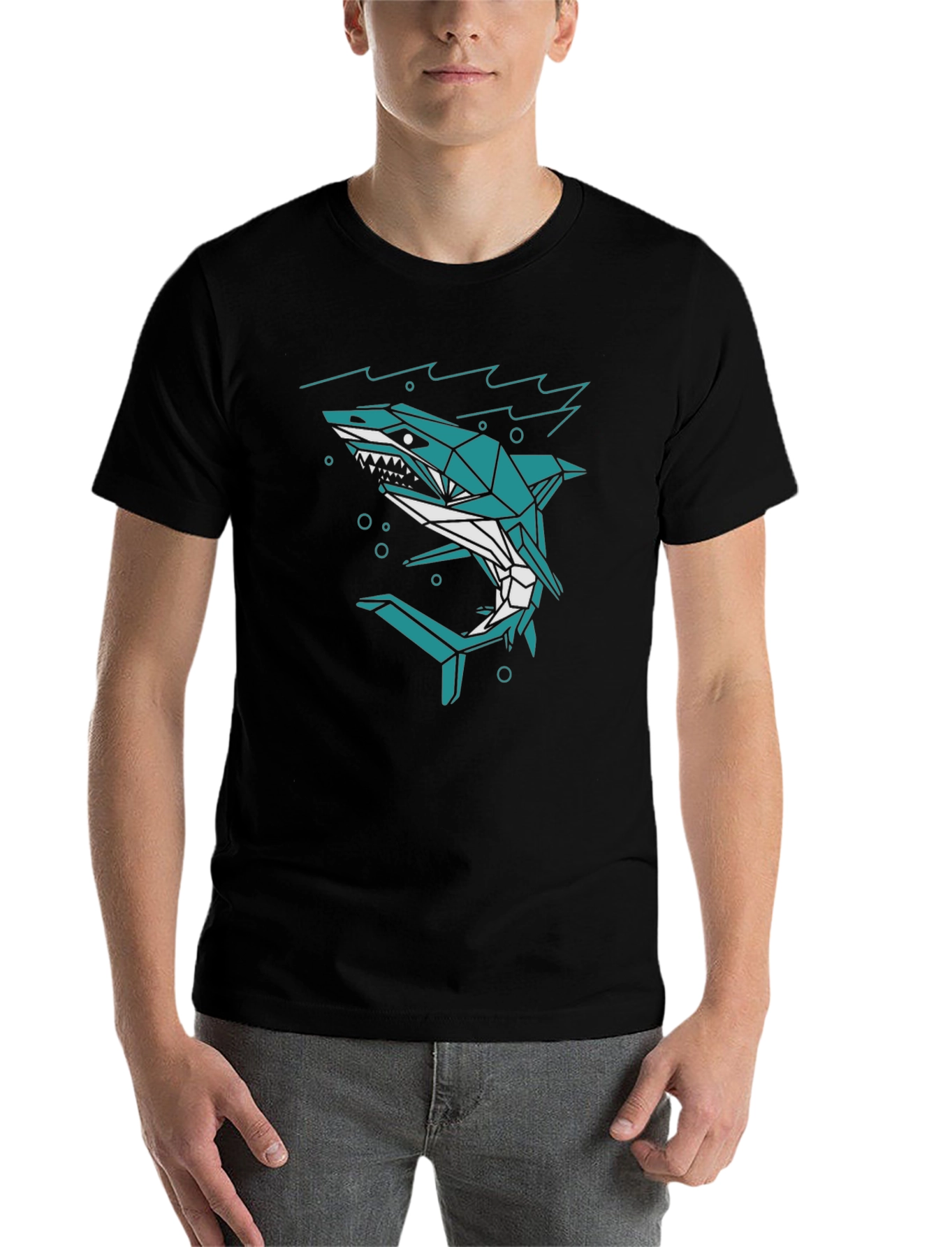 Black Geometric Shark Graphic Tee - Black Cotton Blend view 7