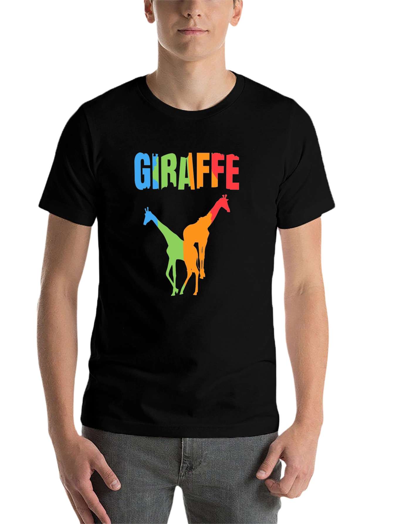 Black Colorful Giraffe Graphic Print Black T-Shirt view 7