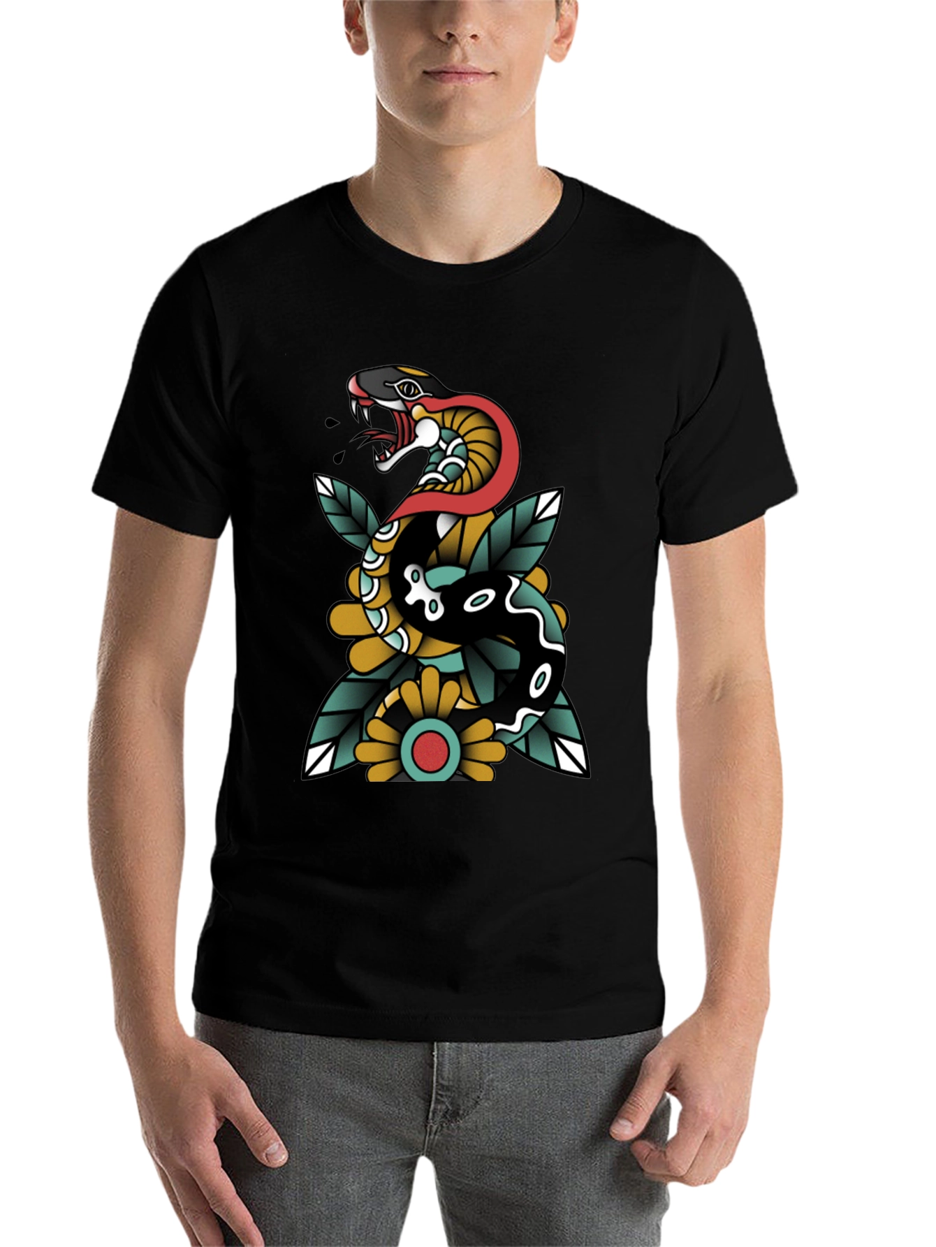 Black Snake & Flower Graphic Tee - Traditional Tattoo Style view 7