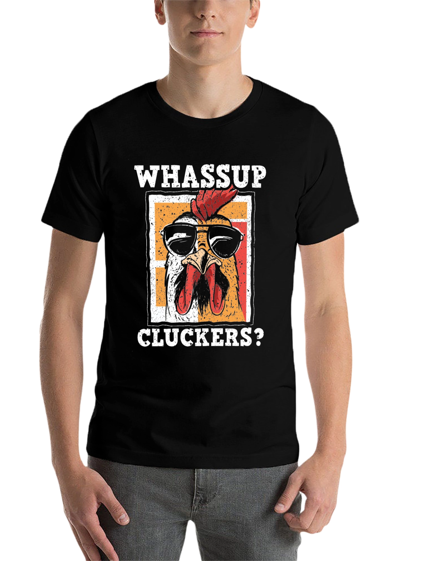 Black Whassup Cluckers? T-Shirt - Cool Chicken Design view 7