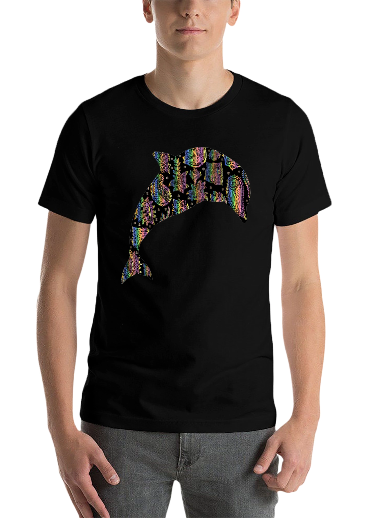 Black Dolphin Paisley Pattern Black T-Shirt view 7