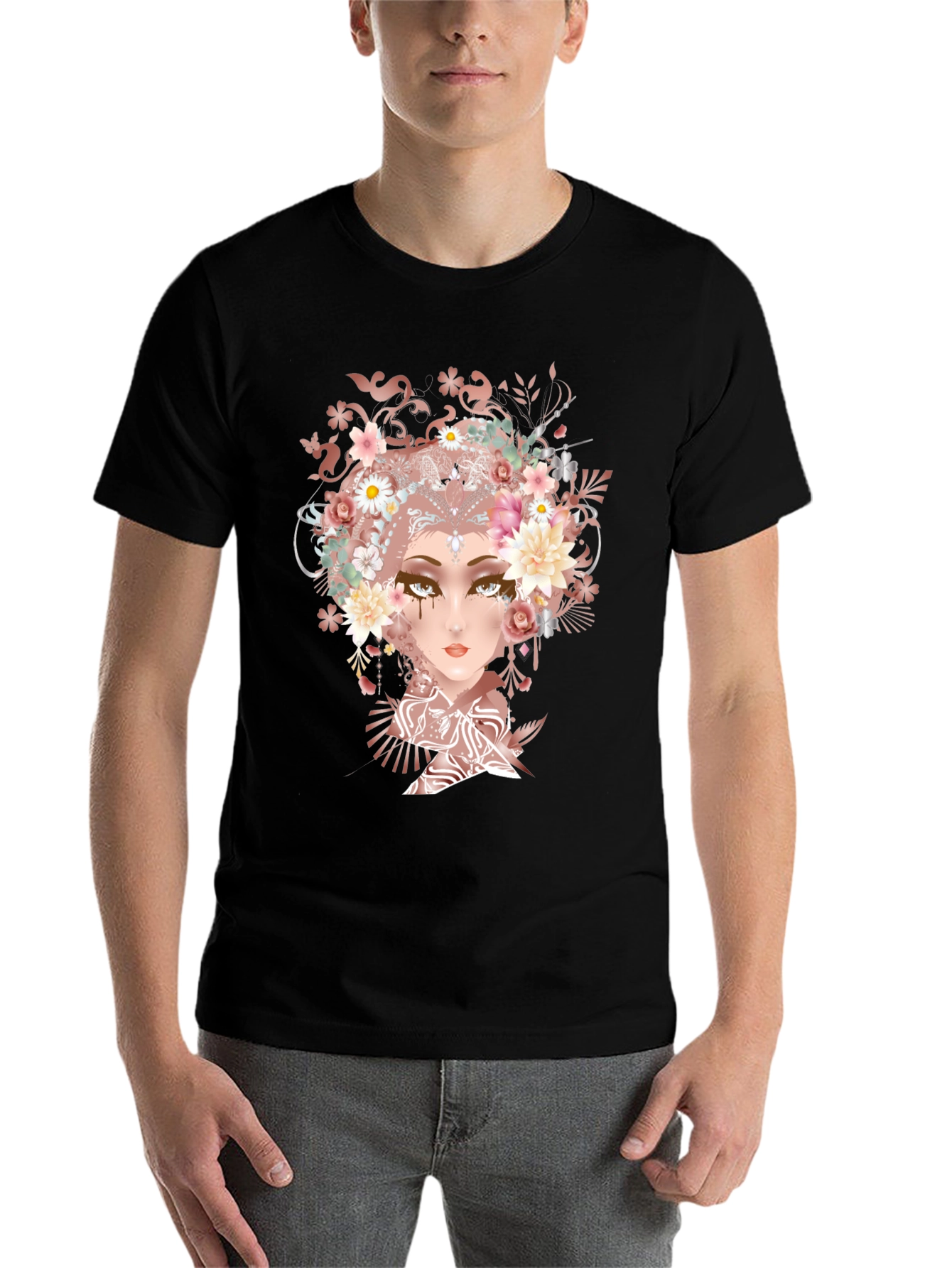 Black Floral Goddess Graphic Tee - Black Cotton T-Shirt view 7
