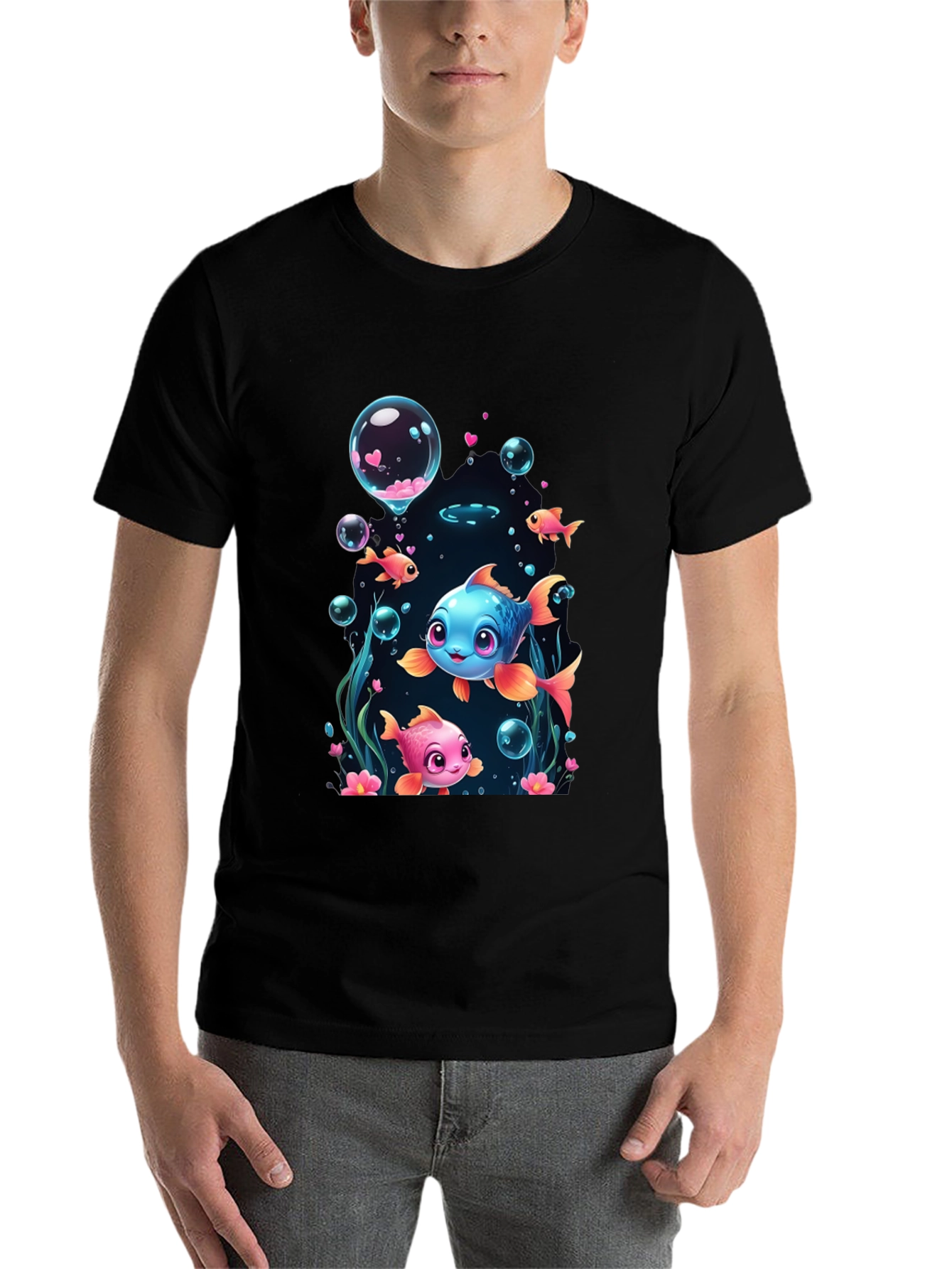 Black Cute Fish Graphic T-Shirt - Fun Undersea Design view 7