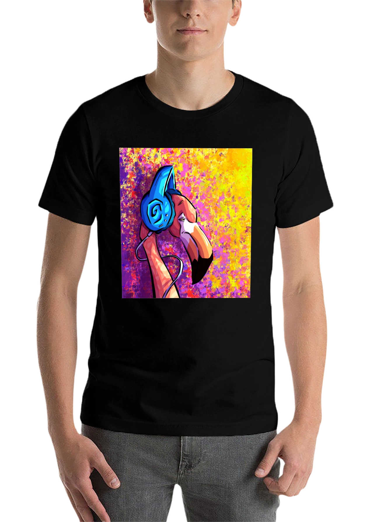 Black Cool Flamingo DJ Graphic T-Shirt view 7