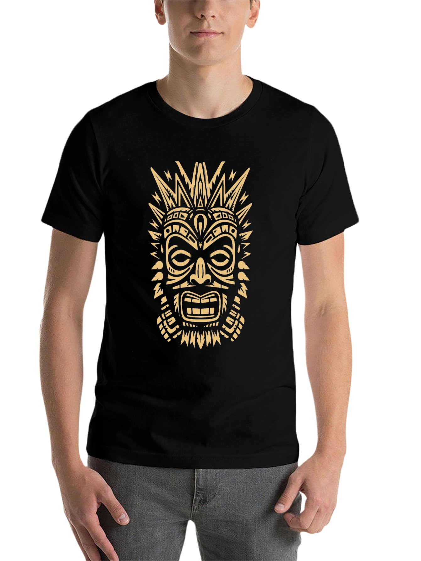 Black Tribal Mask Graphic Tee - Men's Black T-Shirt view 7