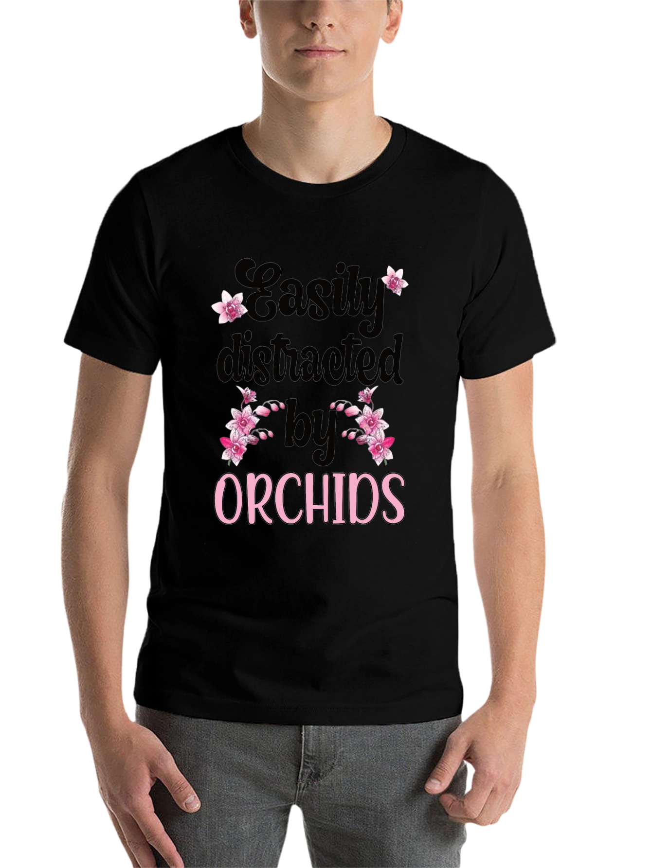 Black Easily Distracted by Orchids T-Shirt view 7