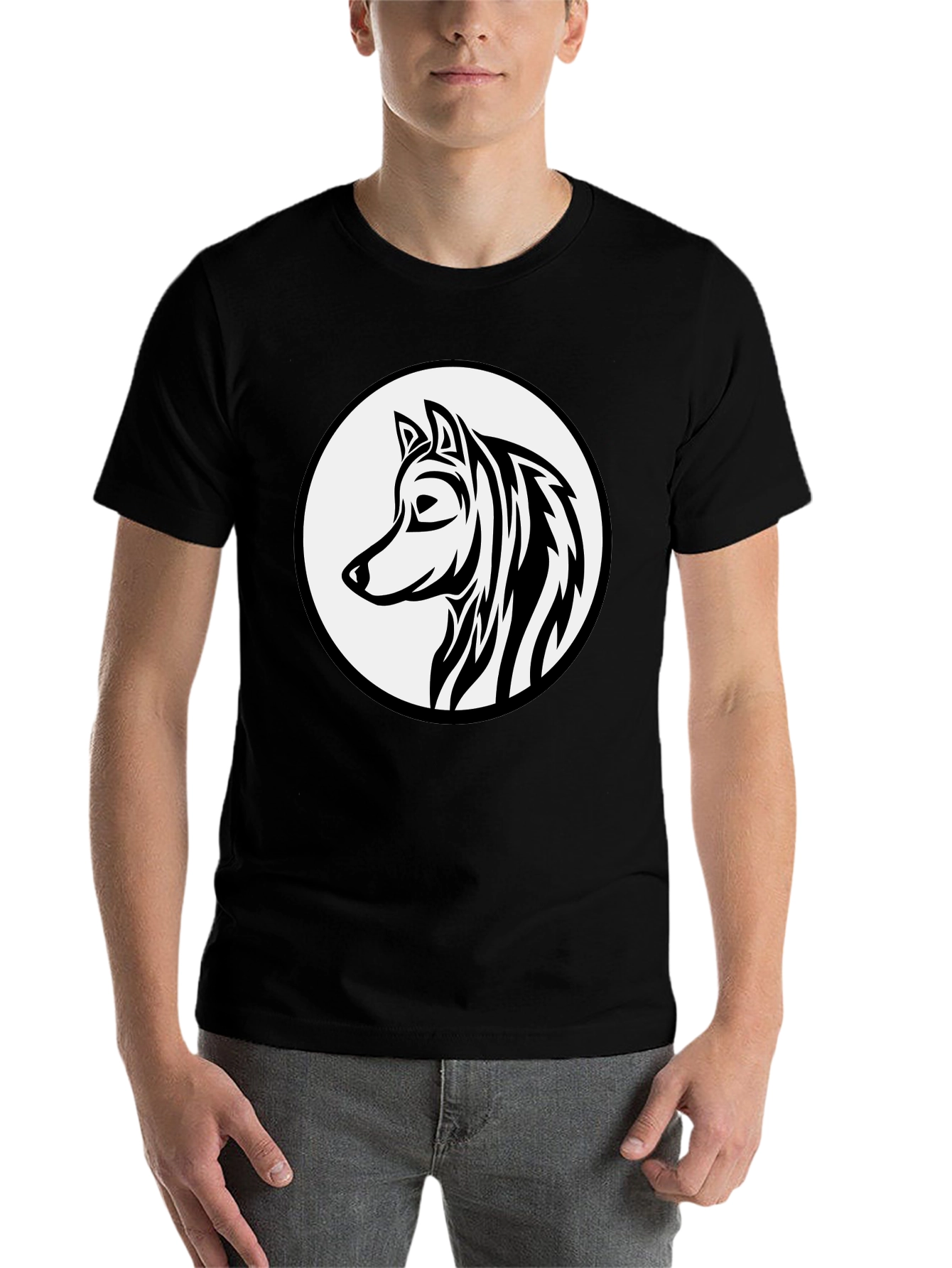 Black Black Wolf Graphic Tee - Tribal Style Circle Design view 7