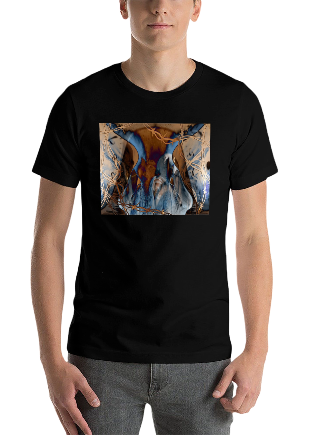 Black Artistic Blue & Brown Barbed Wire Graphic Tee view 7