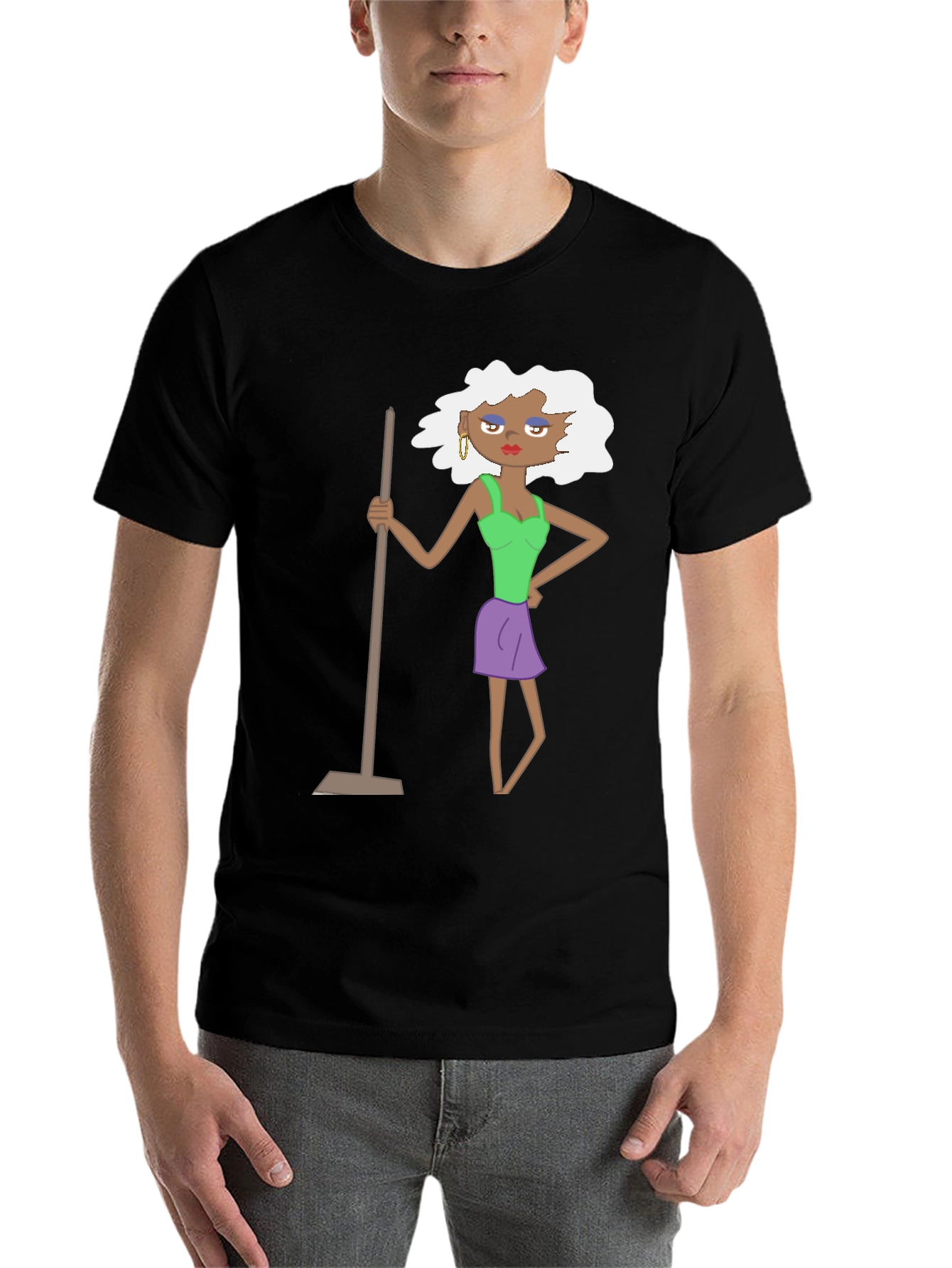 Black Funny Cartoon Woman on Black T-Shirt view 7