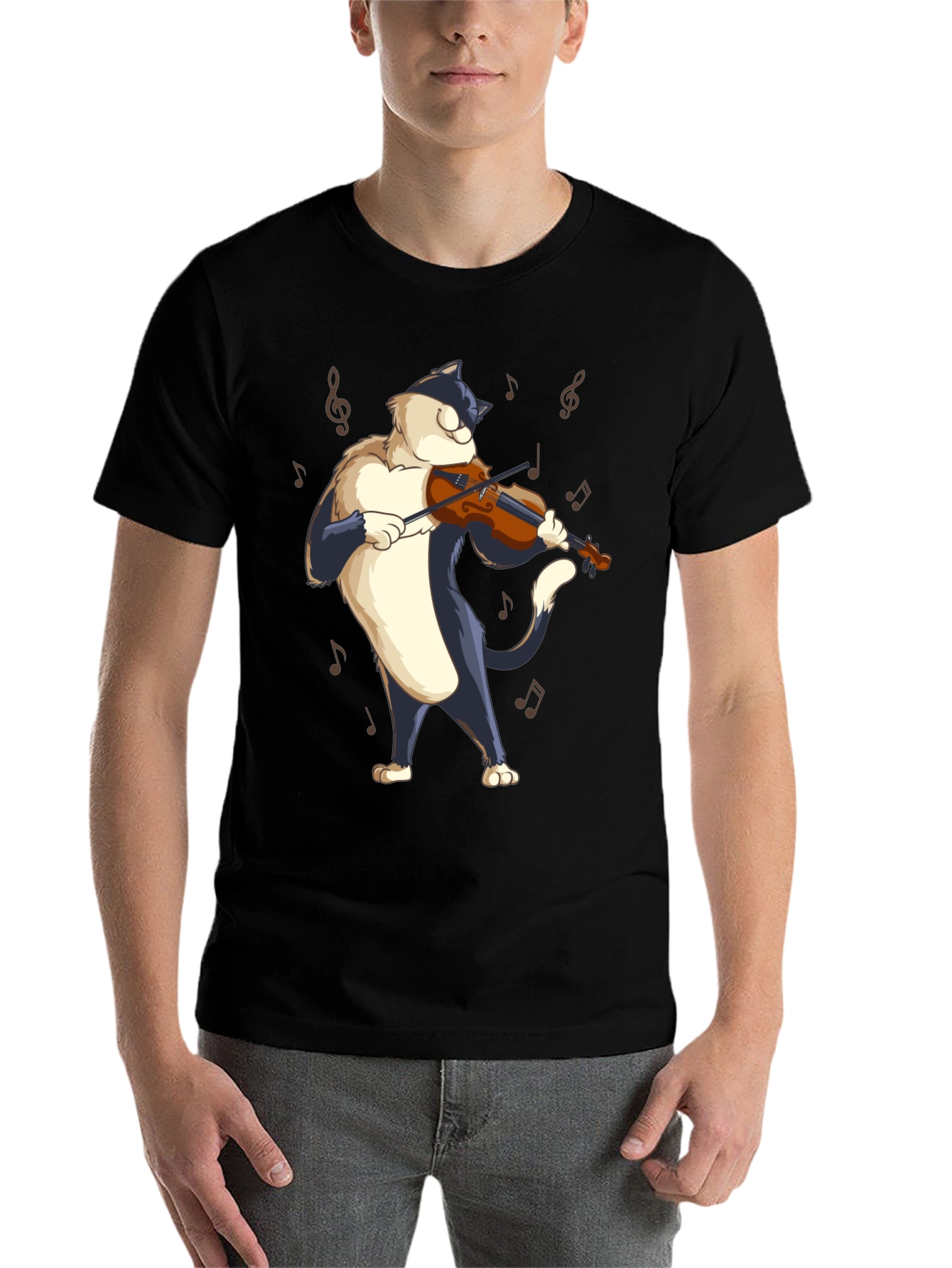 Black Cat Violinist Black T-Shirt - Musical Feline Tee view 7