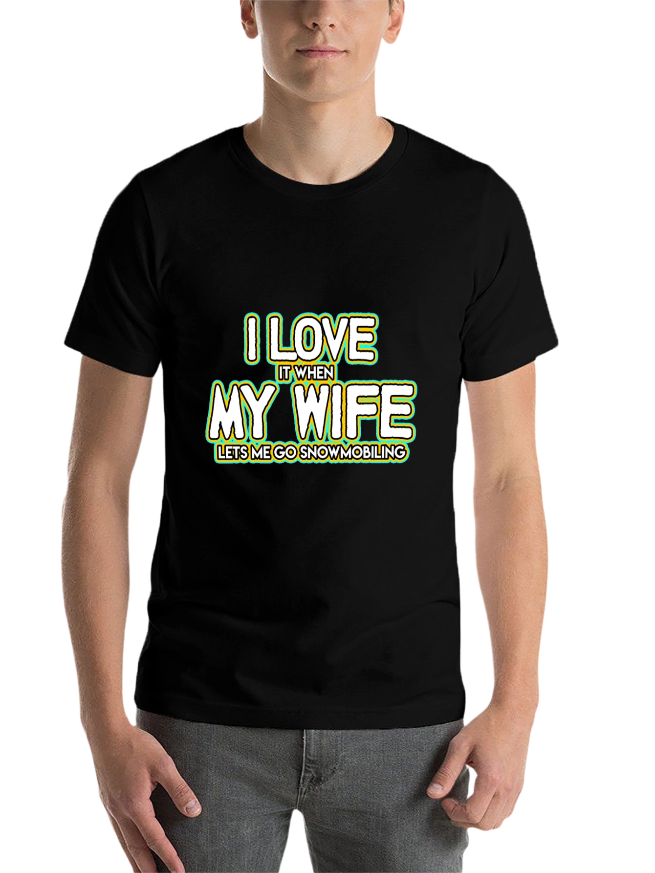 Black I Love My Wife Snowmobiling Black T-Shirt view 7