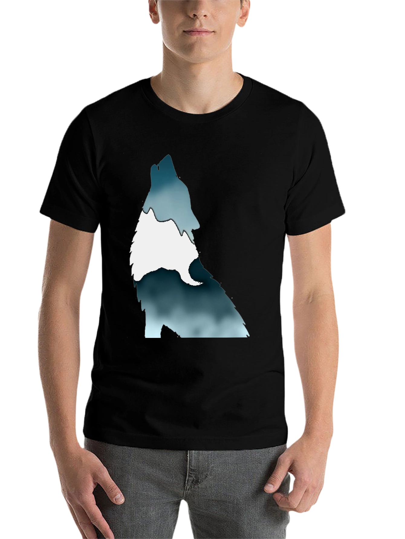 Black Men's Black T-Shirt with Wolf Graphic Print view 7