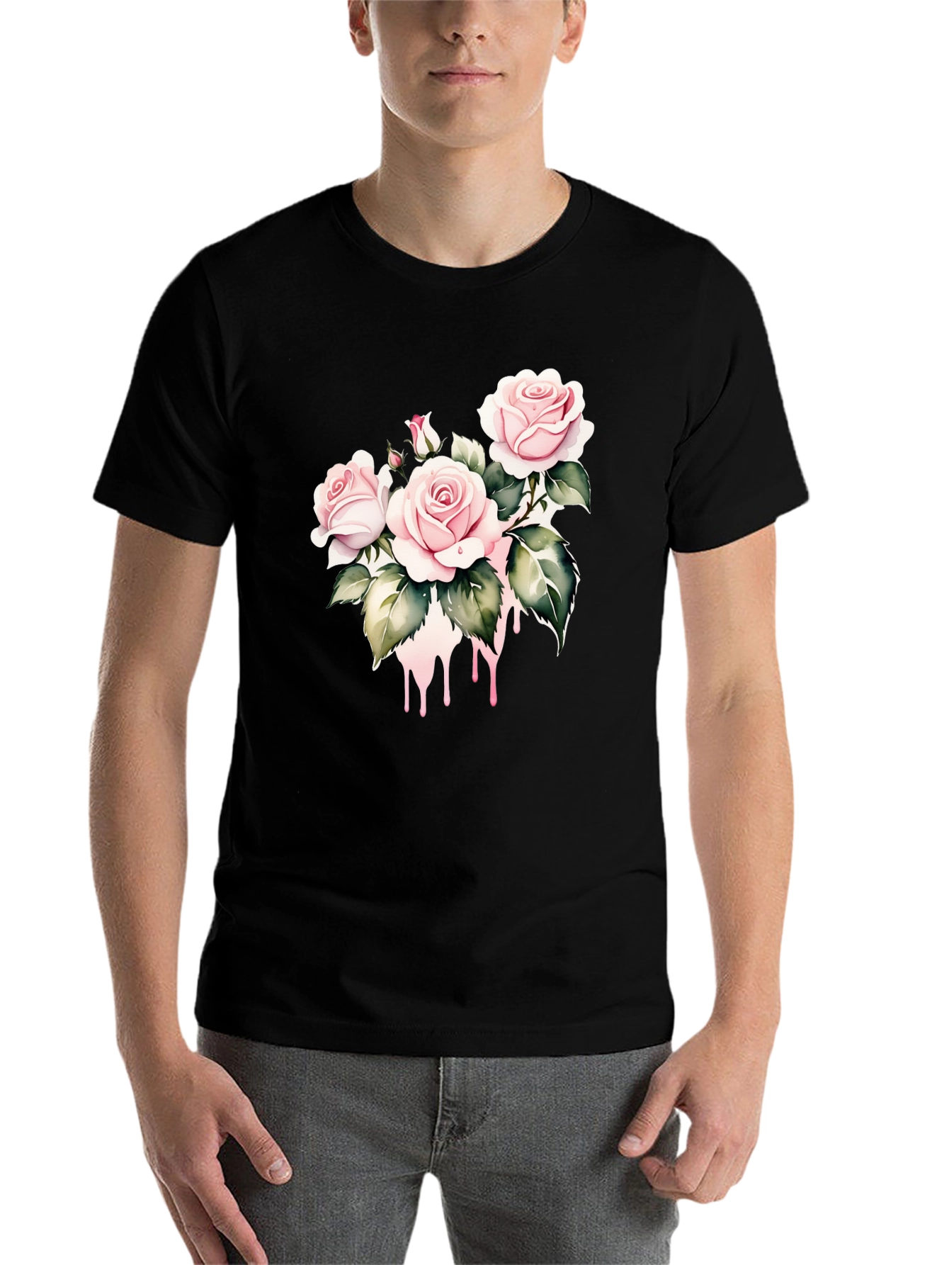 Black T-Shirt with Floral Rose Design - 7