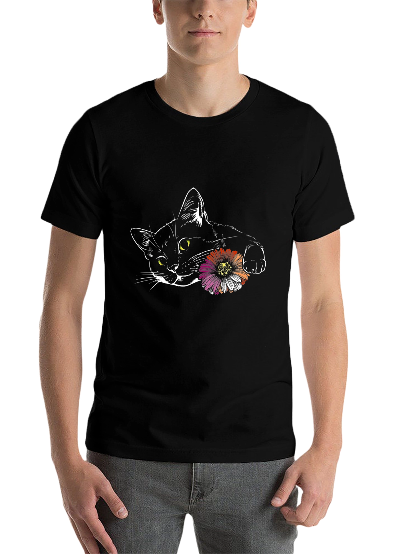 Black Black Cat with Flower Graphic Tee view 7
