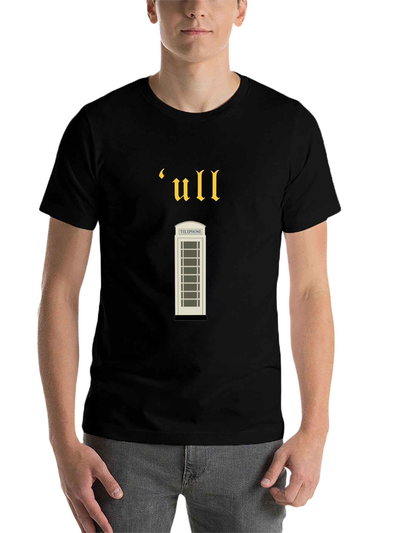 Black Vintage-Style 'ull' Telephone Booth Black T-Shirt view 7