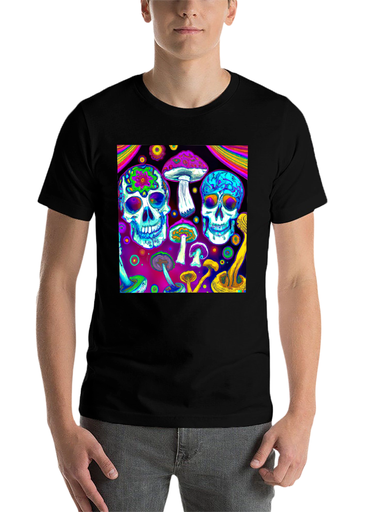 Black Psychedelic Skull & Mushroom Graphic T-Shirt view 7