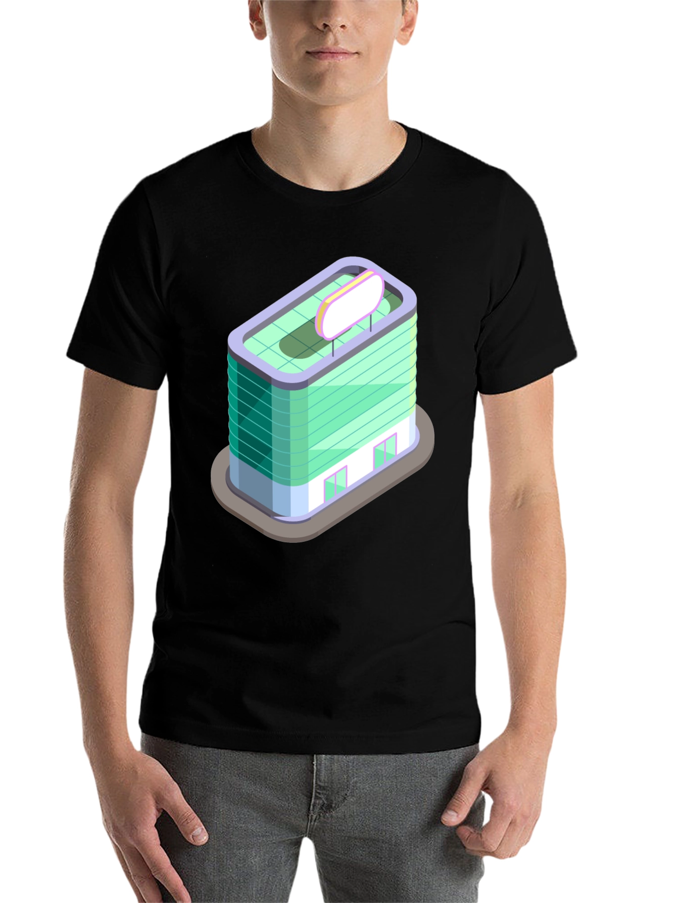 Black Modern Building Graphic Tee - Black Cotton T-Shirt view 7