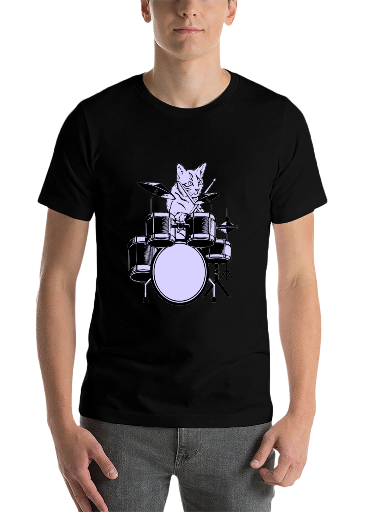 Black Cat Drummer Graphic Tee - Cool Musician Cat Shirt view 7