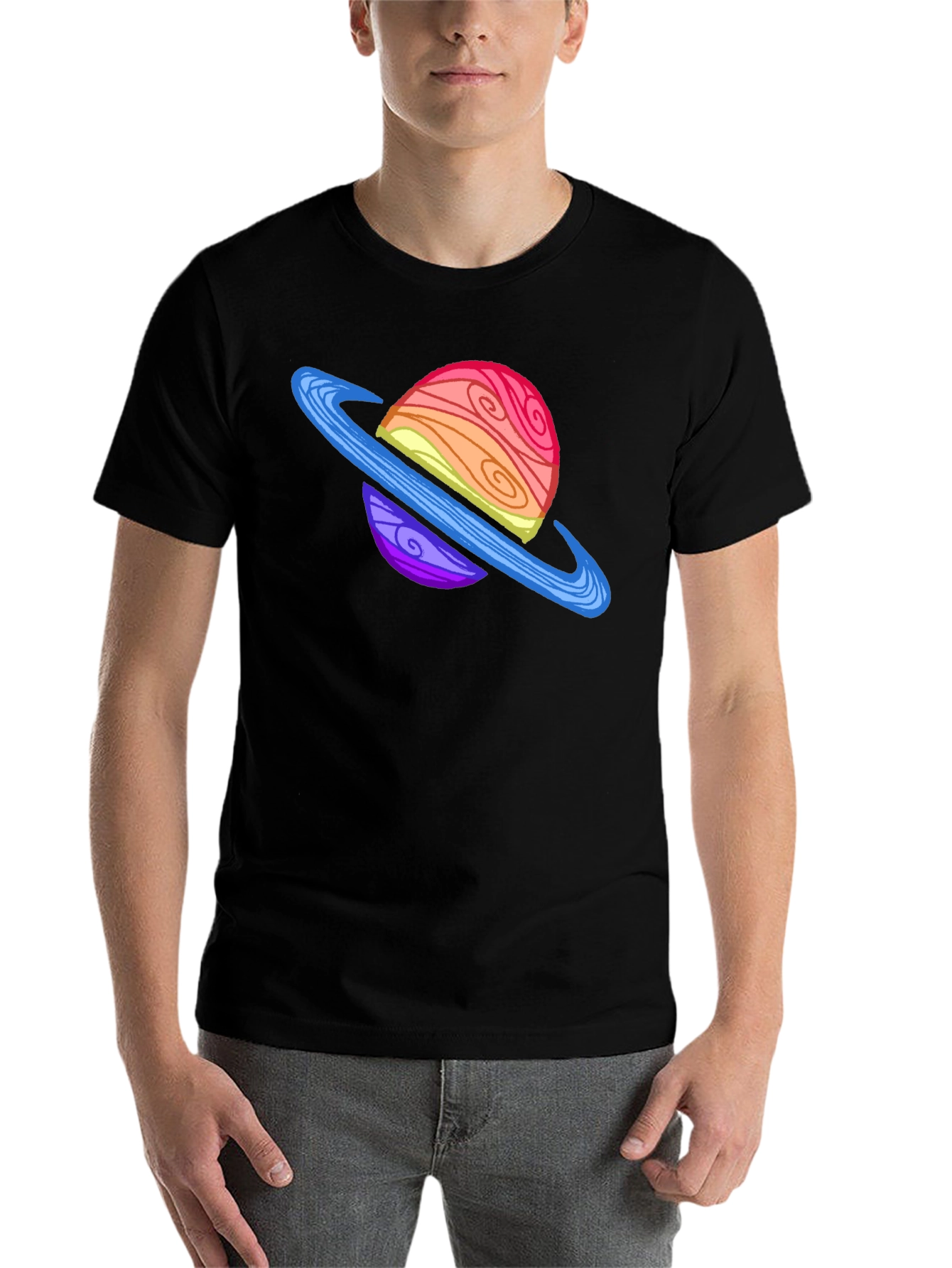 Black Cartoon Planet Graphic Tee - Black Crew Neck T-Shirt view 7