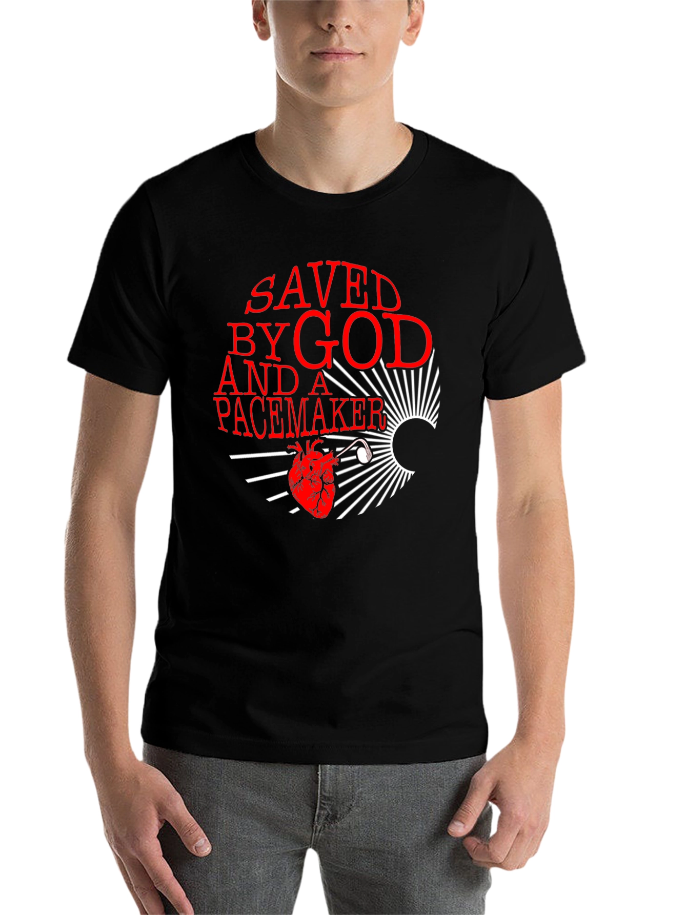 Black Saved By God and a Pacemaker Graphic T-Shirt view 7