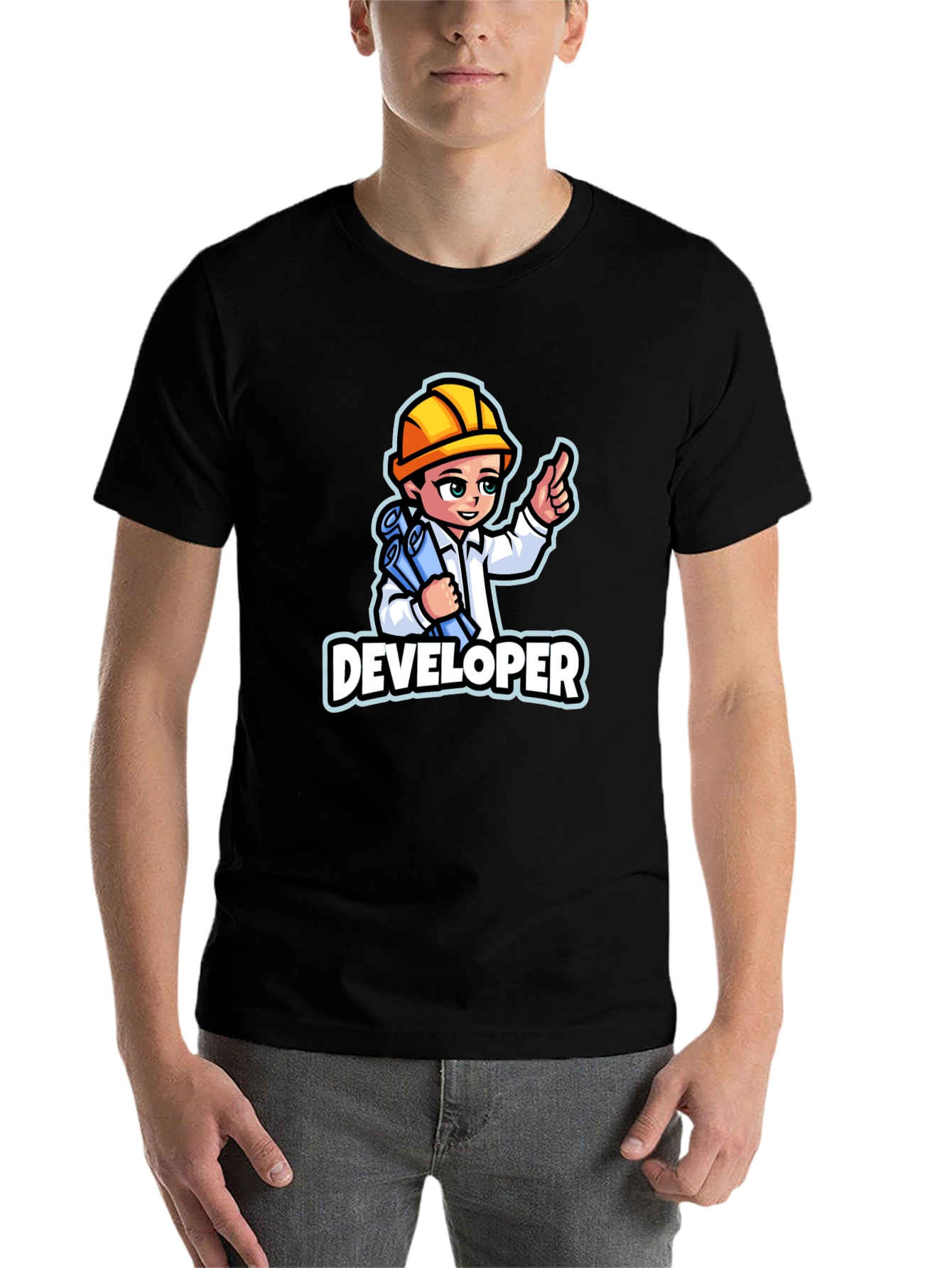Black Developer Cartoon Graphic T-Shirt - Soft Cotton Blend view 7