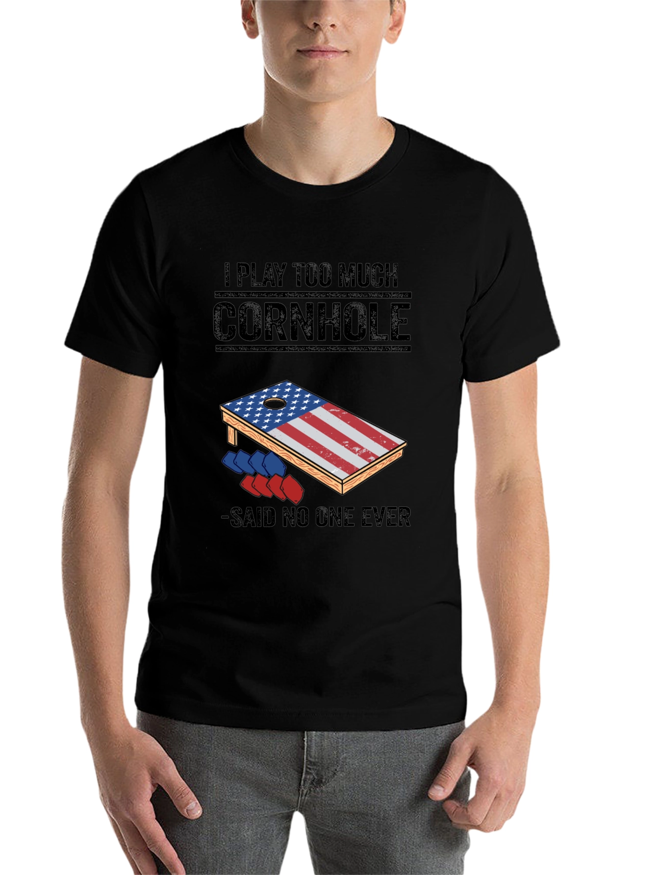 Black I Play Too Much Cornhole T-Shirt view 7