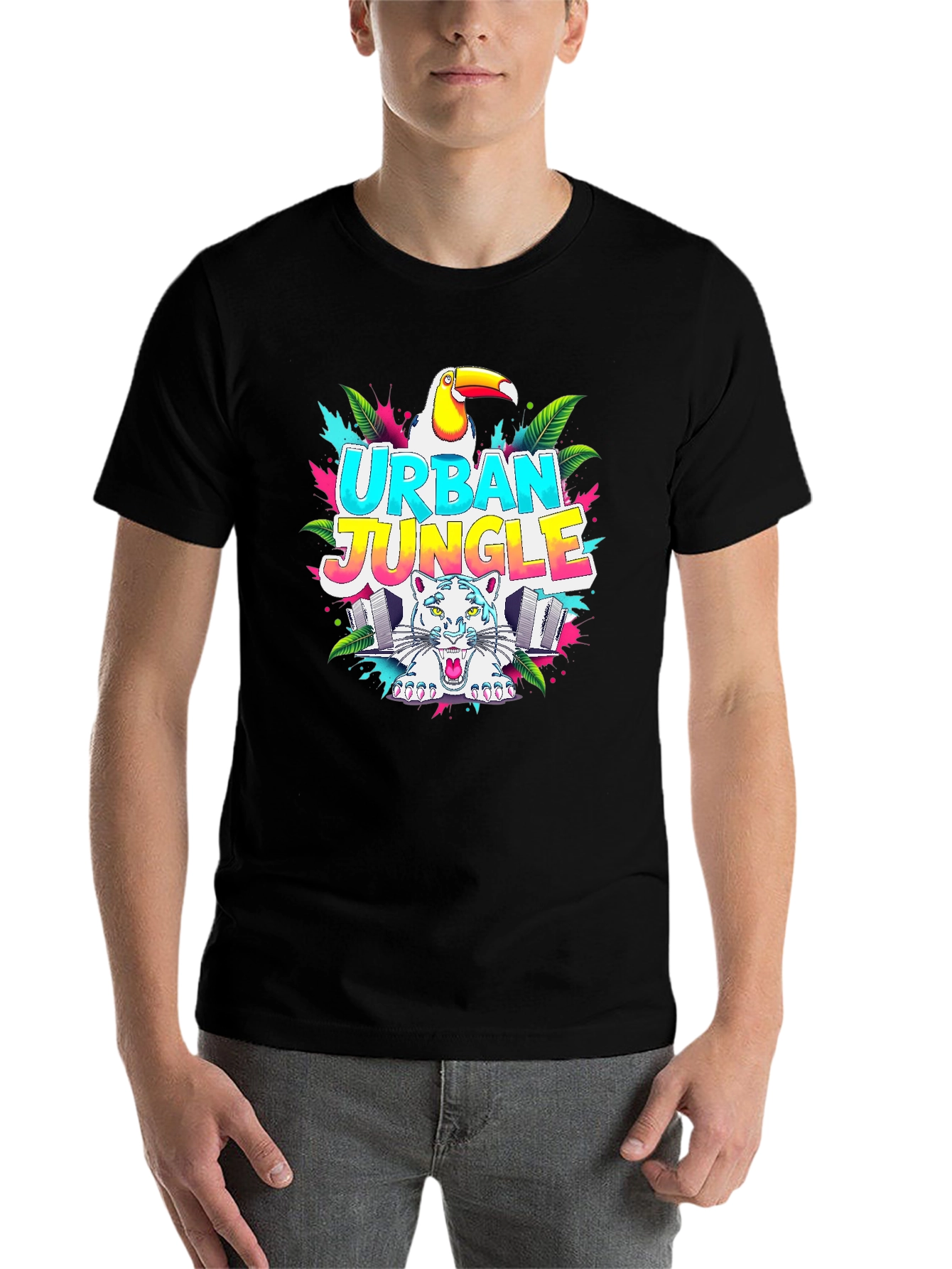 Black Urban Jungle Graphic T-Shirt - Tropical Toucan & Tiger view 7