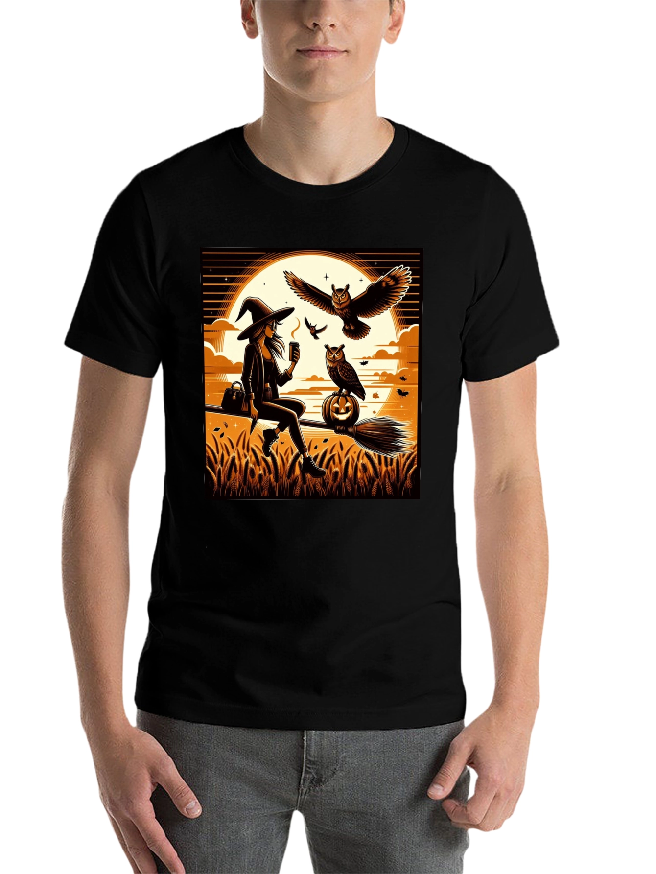 Black Witch & Owl Halloween T-Shirt view 7