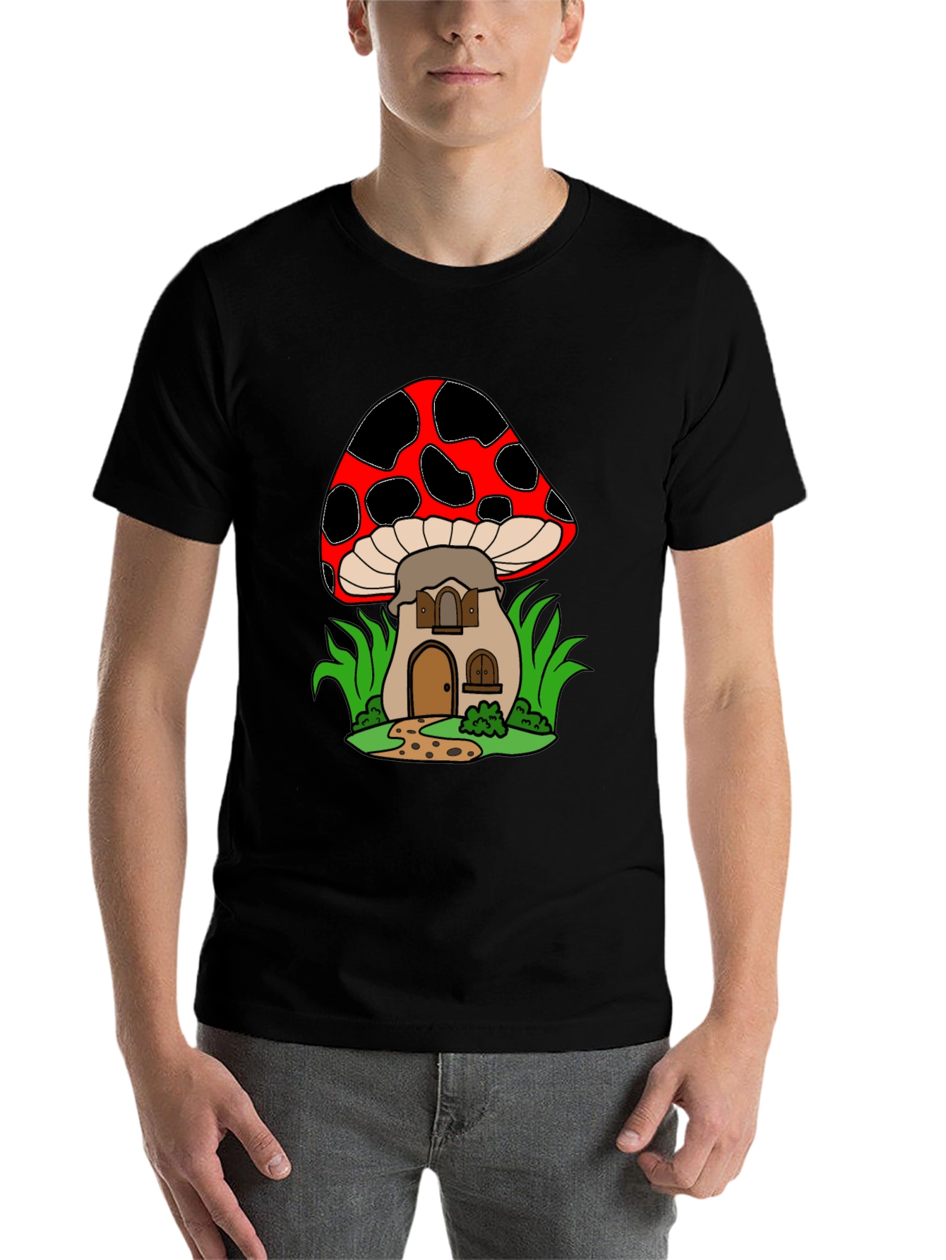 Black Mushroom House Graphic Tee - Quirky Black T-Shirt view 7