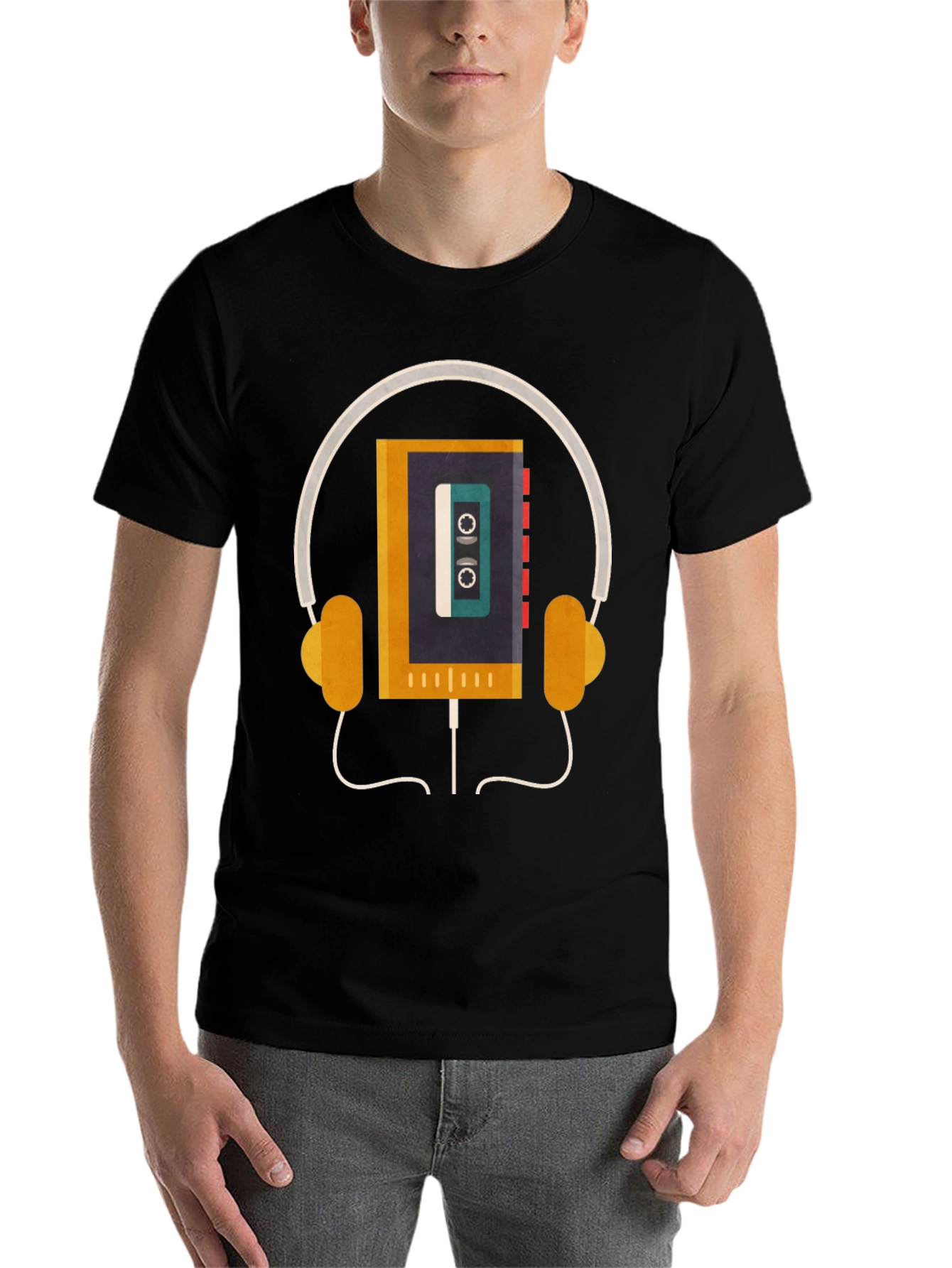Black Retro Cassette Player Headphones Graphic Tee view 7