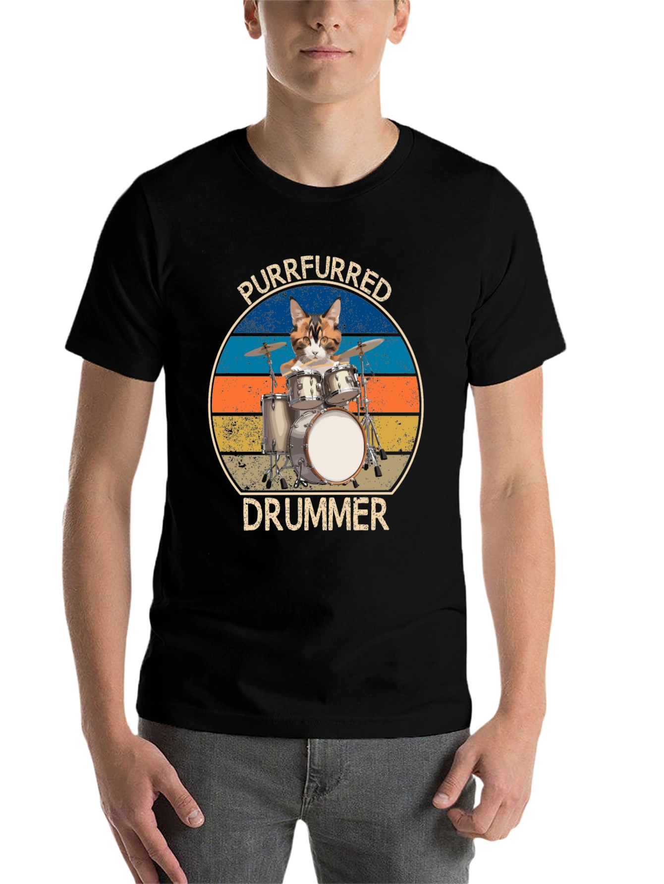 Black Purrfurred Drummer T-Shirt - Cat Lover Music Tee view 7