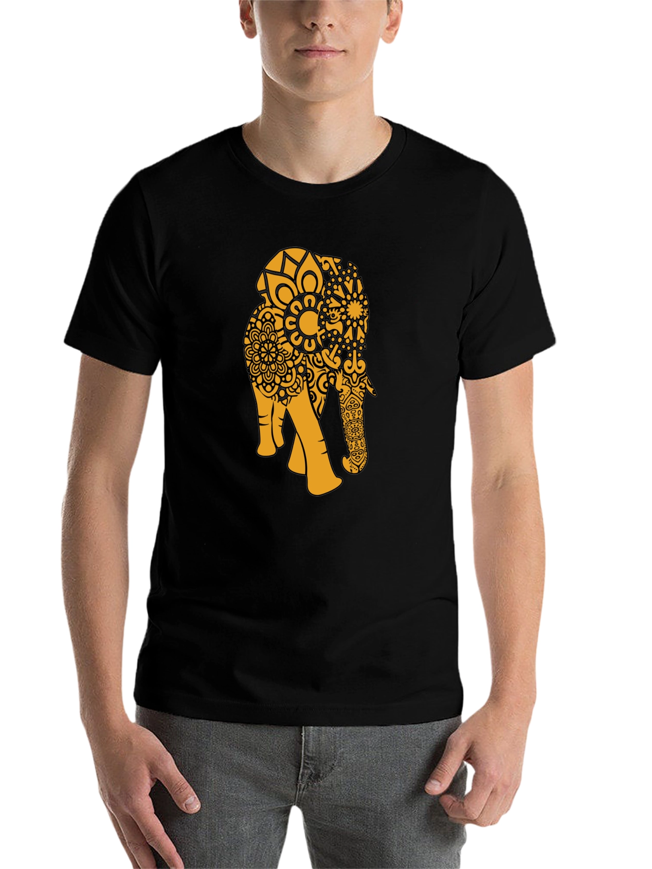 Black Black T-Shirt with Gold Elephant Mandala view 7