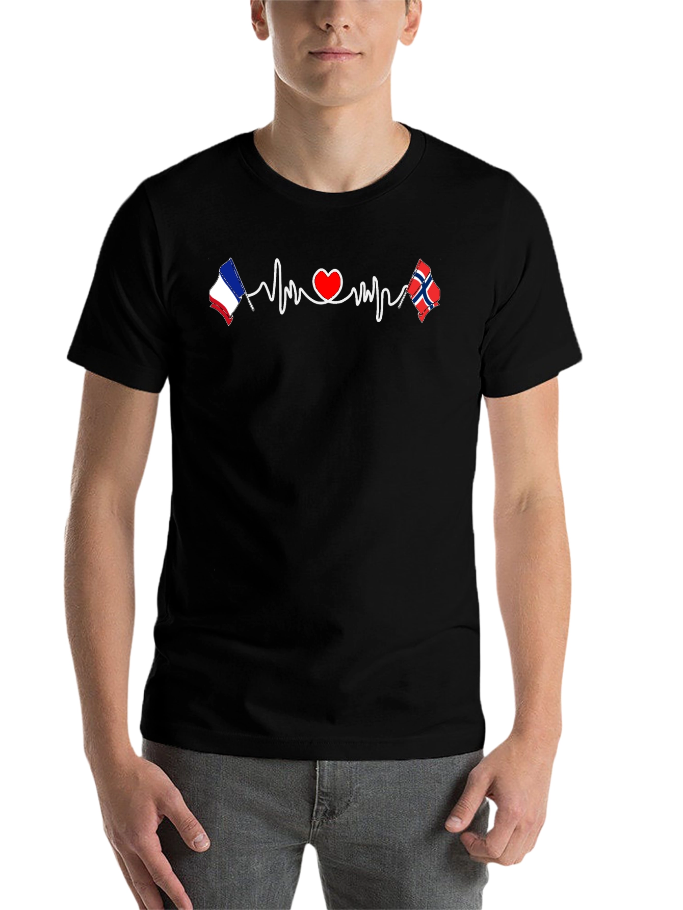 France Norway Love Heartbeat T-Shirt - 7