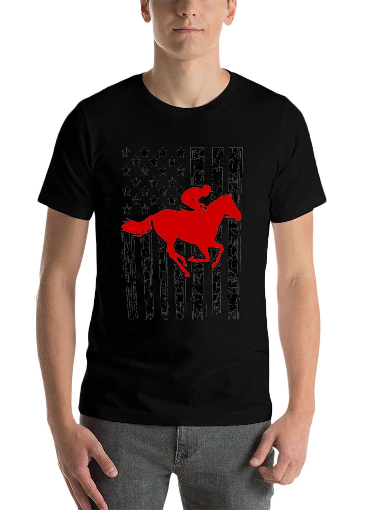 Black American Flag Horse Racing T-Shirt view 7