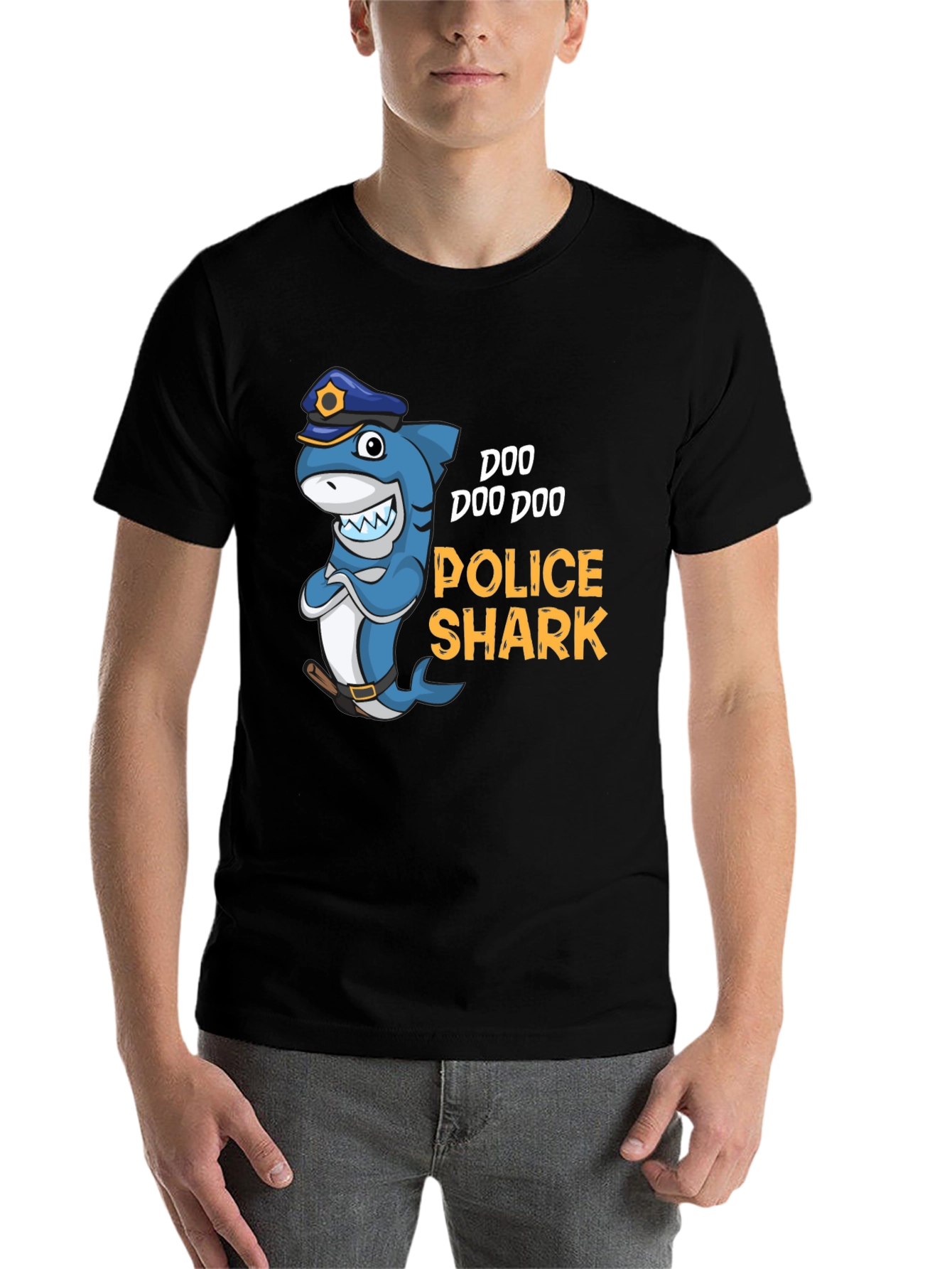 Black Doo Doo Doo Police Shark Graphic Tee view 7