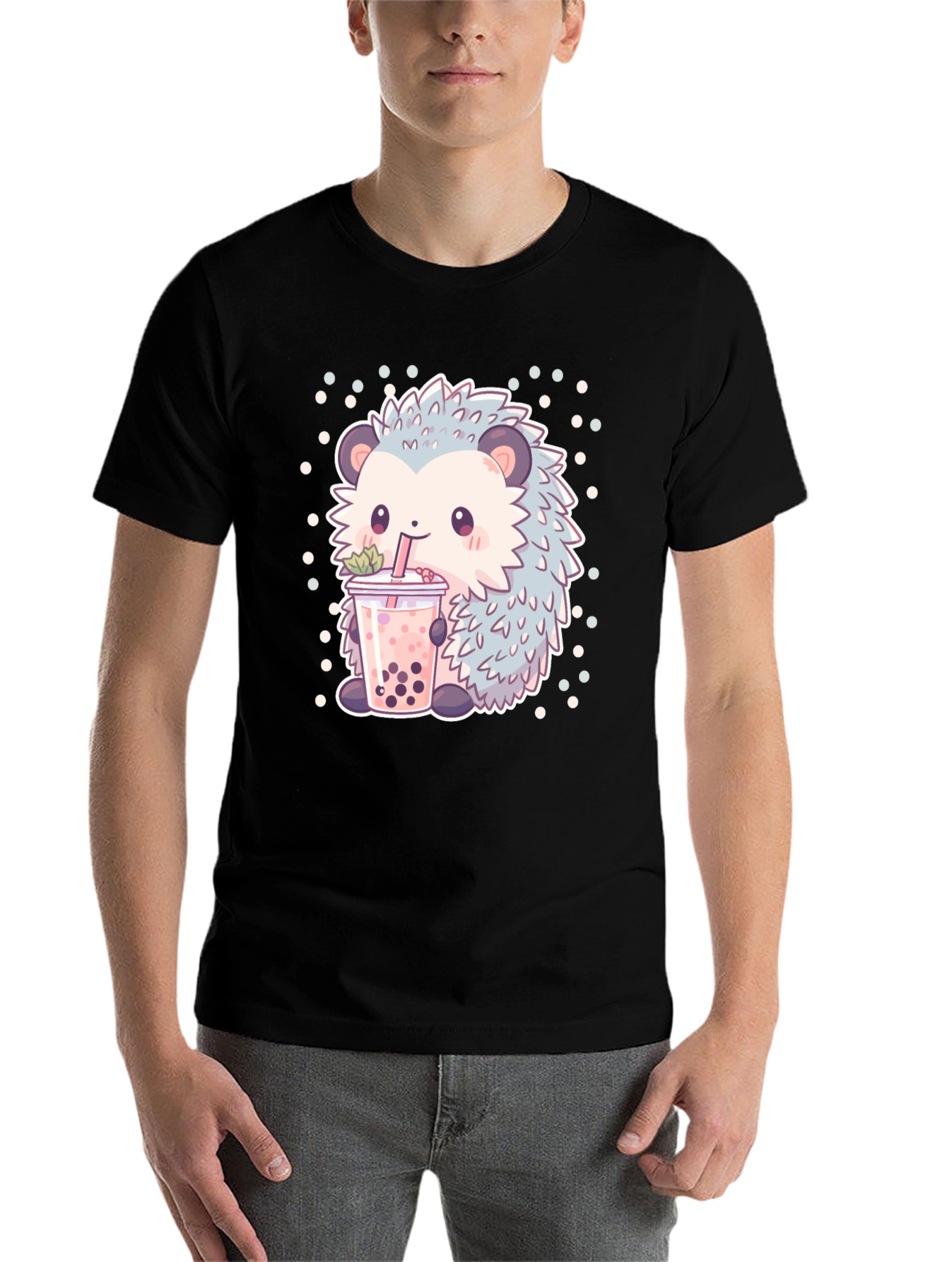Black Cute Hedgehog Boba Tea T-Shirt view 7