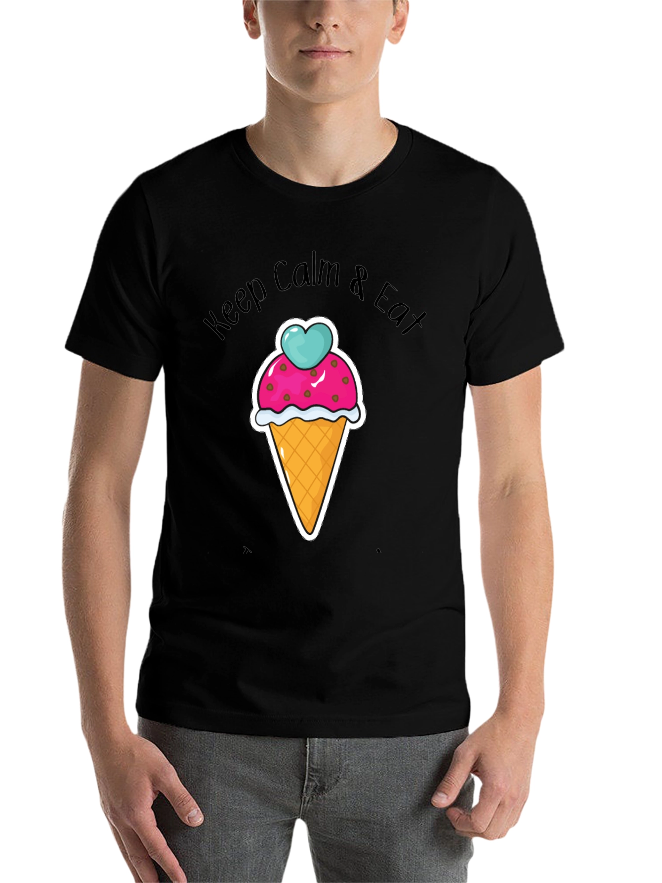 Black Keep Calm Eat Ice Cream Graphic T-Shirt - Black Cotton Tee view 7