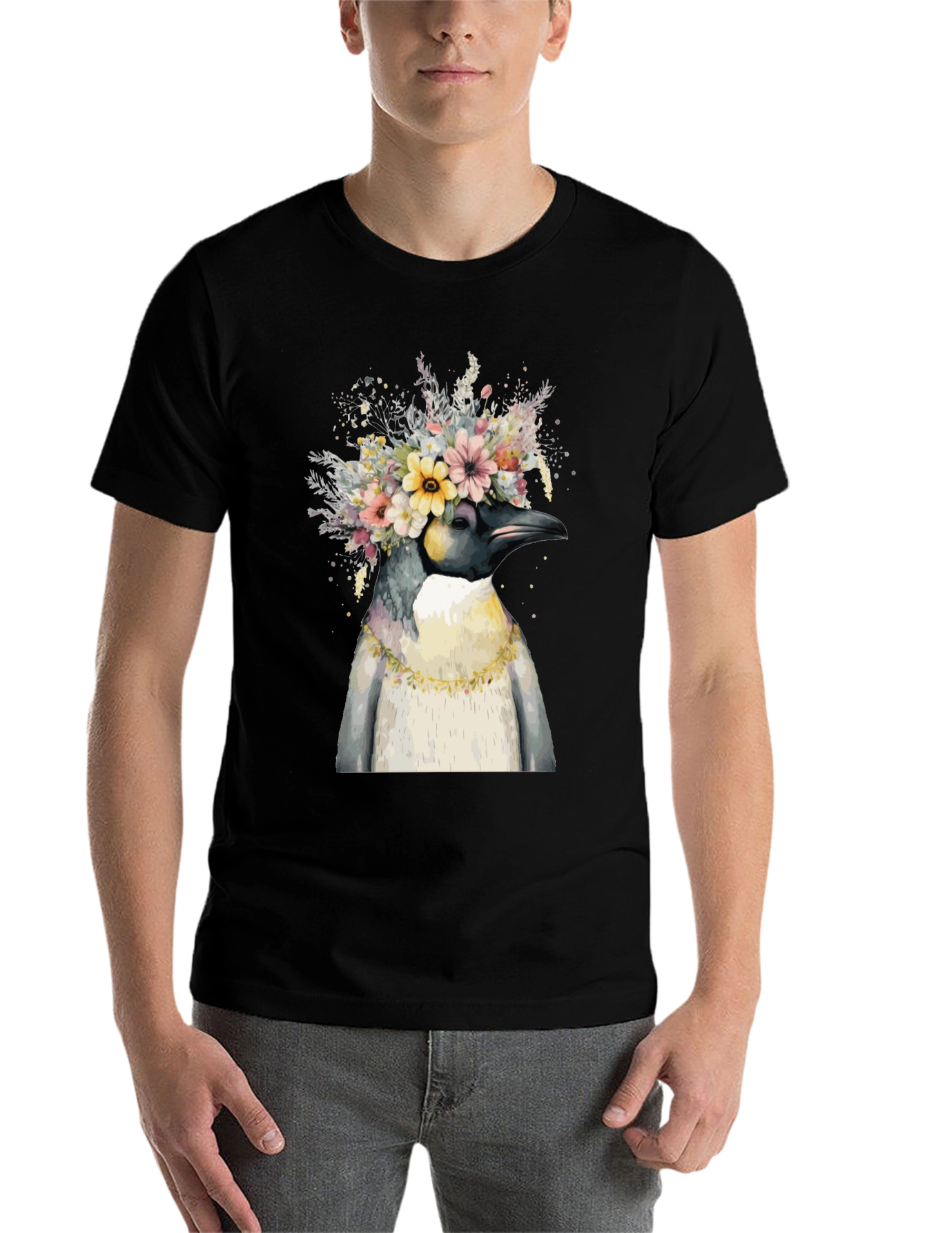 Black Penguin Floral Crown Black T-Shirt view 7