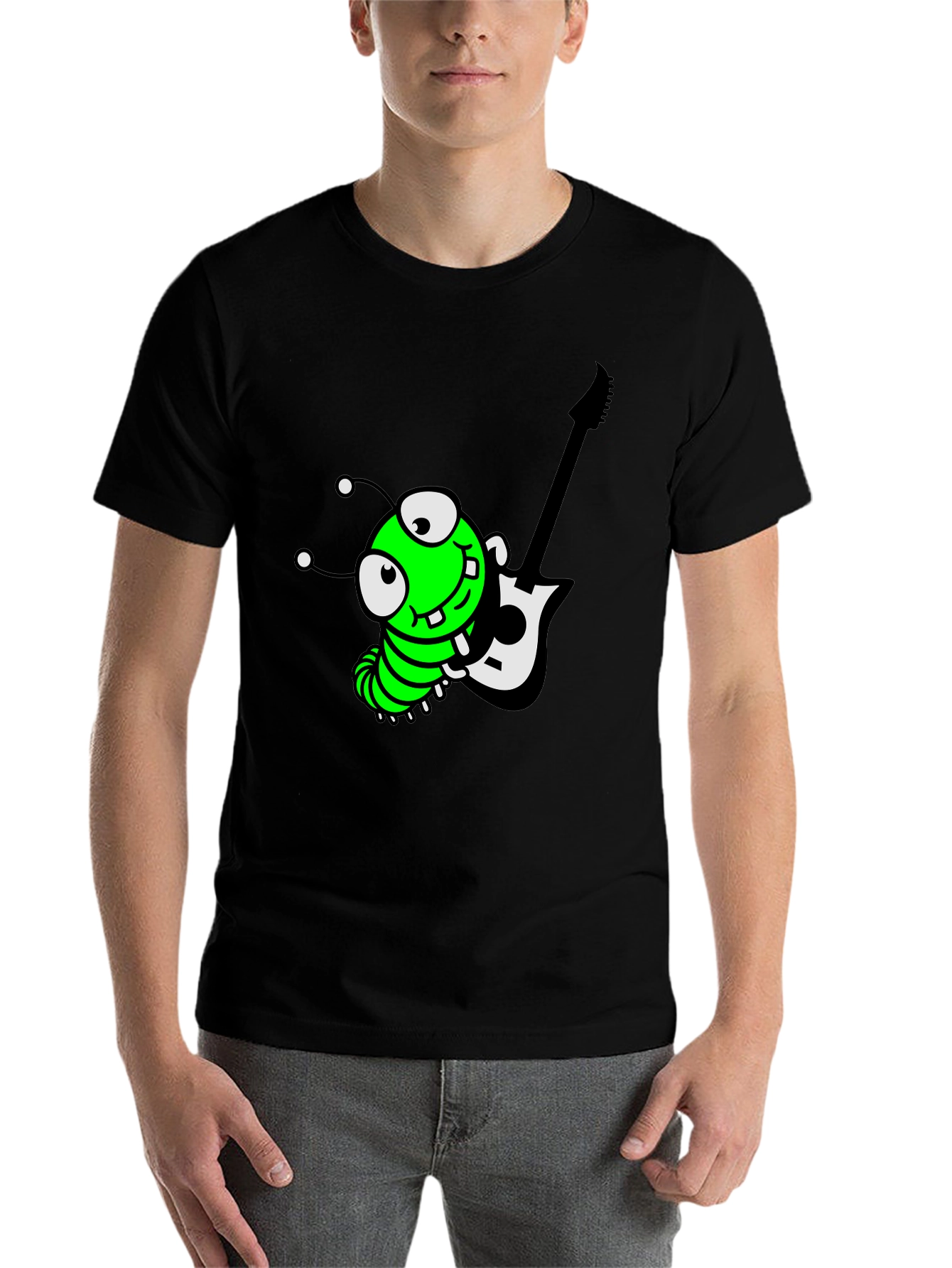 Black Cartoon Caterpillar Guitarist Graphic Tee view 7