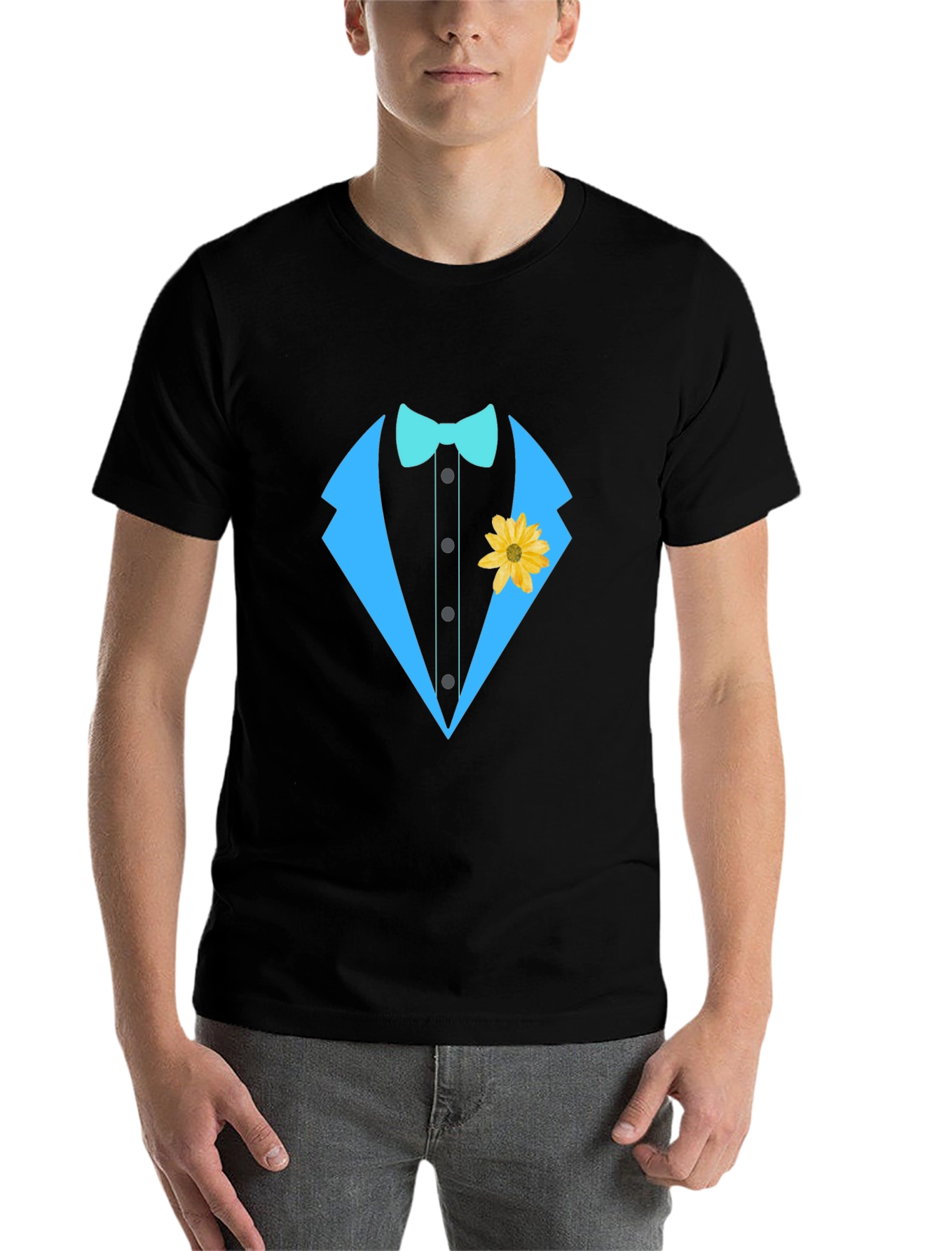 Black Tuxedo T-Shirt with Bowtie and Flower view 7