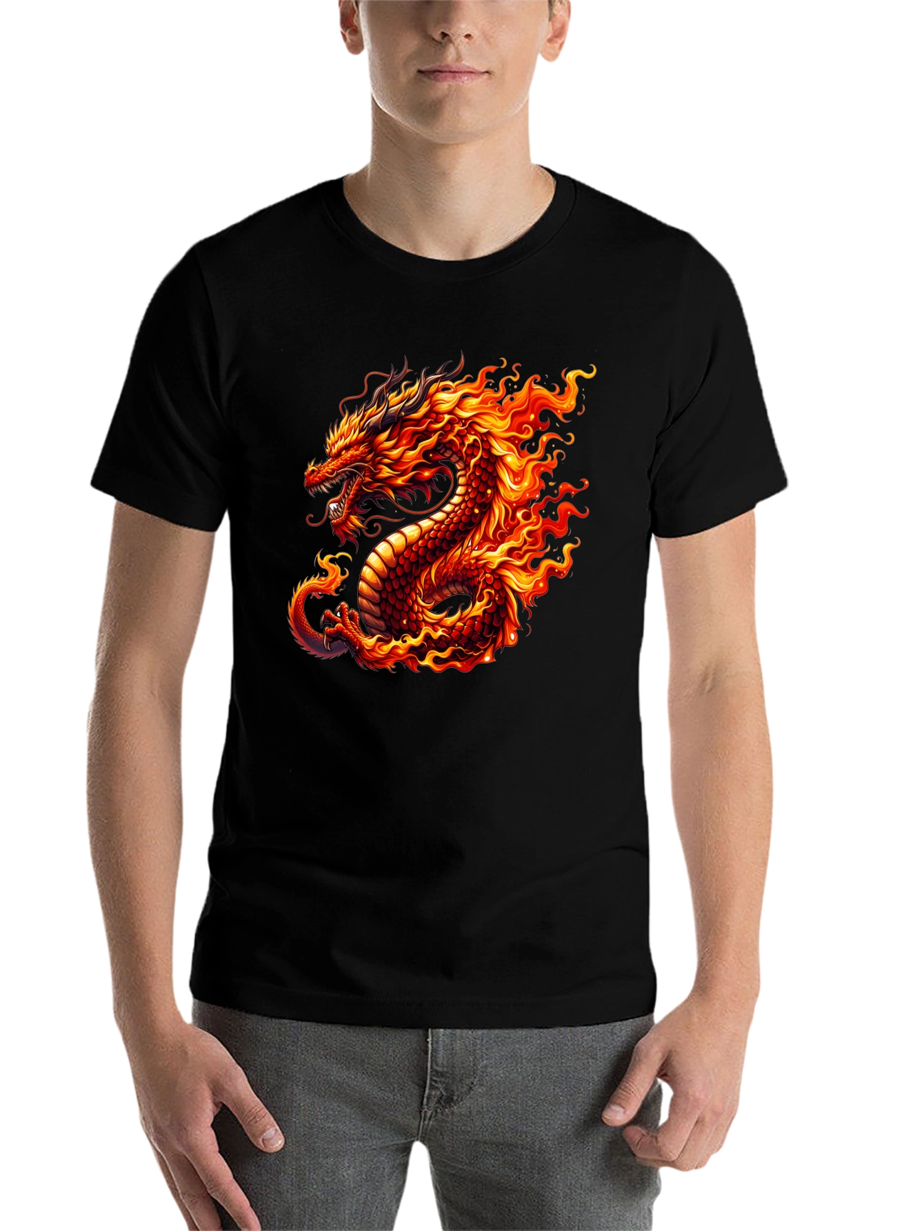 Fiery Dragon Graphic Tee - Black Cotton T-Shirt - 7