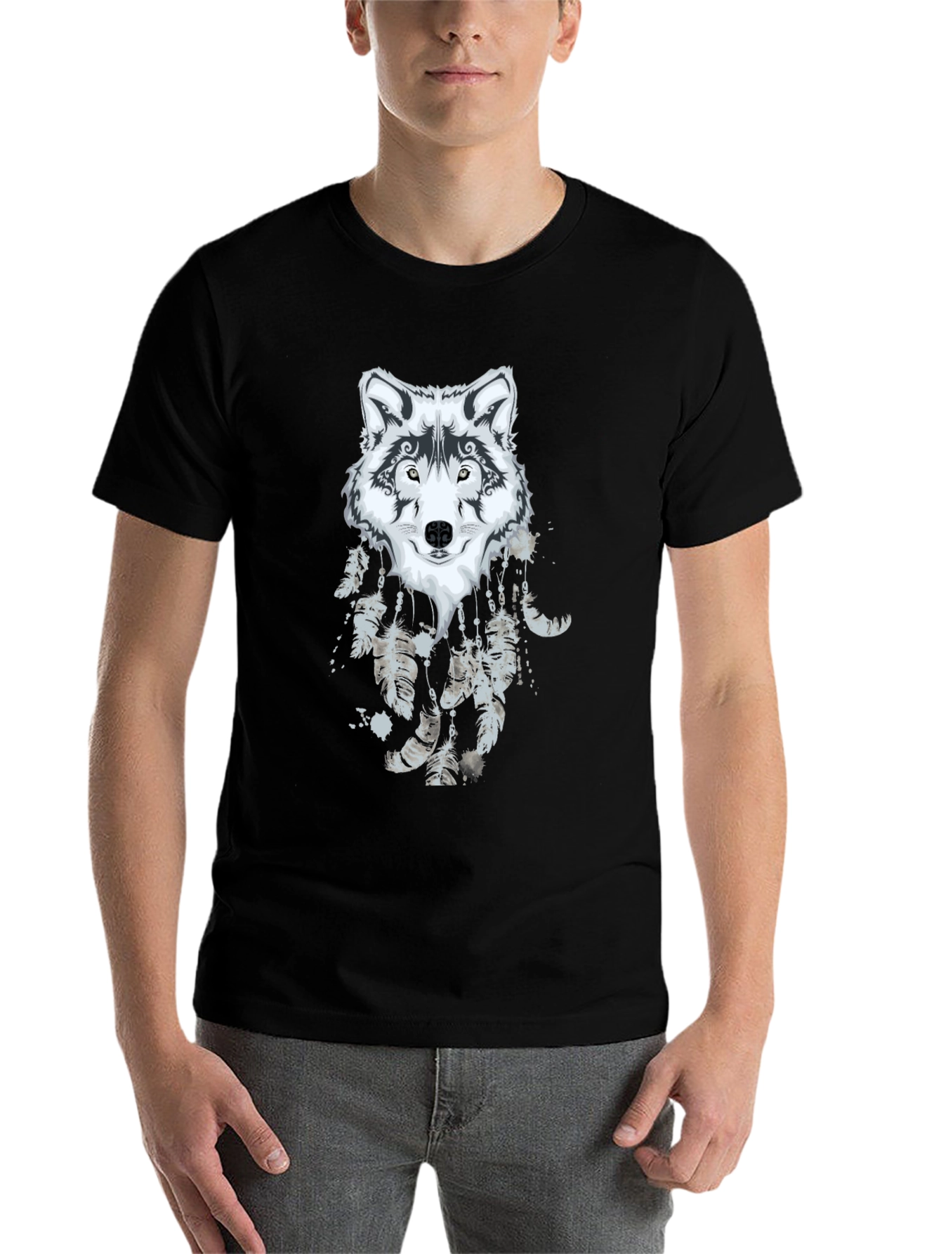 Black Wolf Dreamcatcher Graphic Black T-Shirt view 7