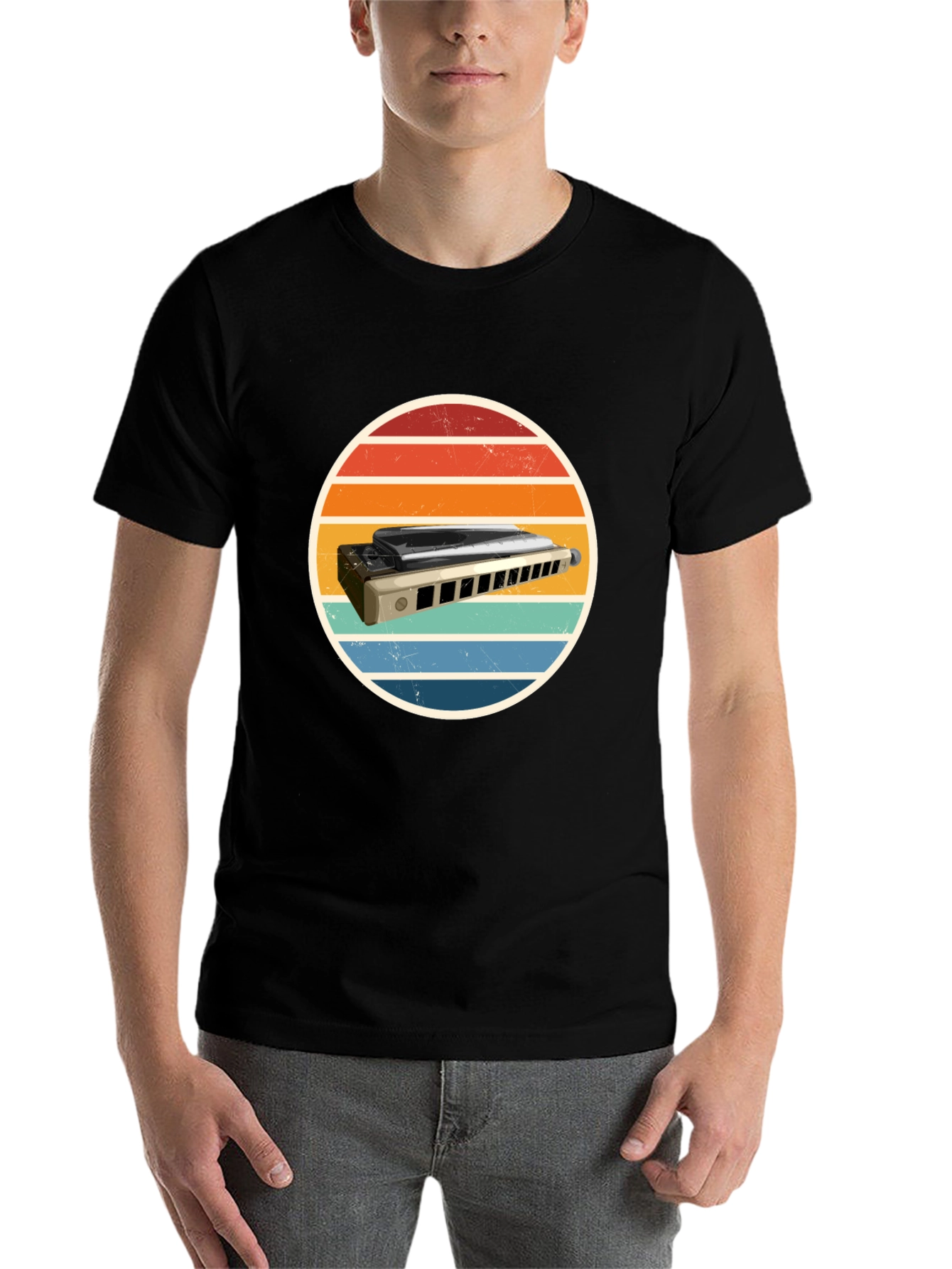 Black Retro Harmonica T-Shirt - Vintage Music Tee view 7