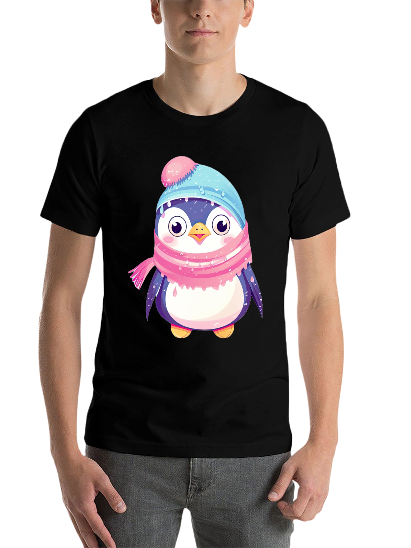 Black Cute Penguin Winter Hat Scarf T-Shirt view 7