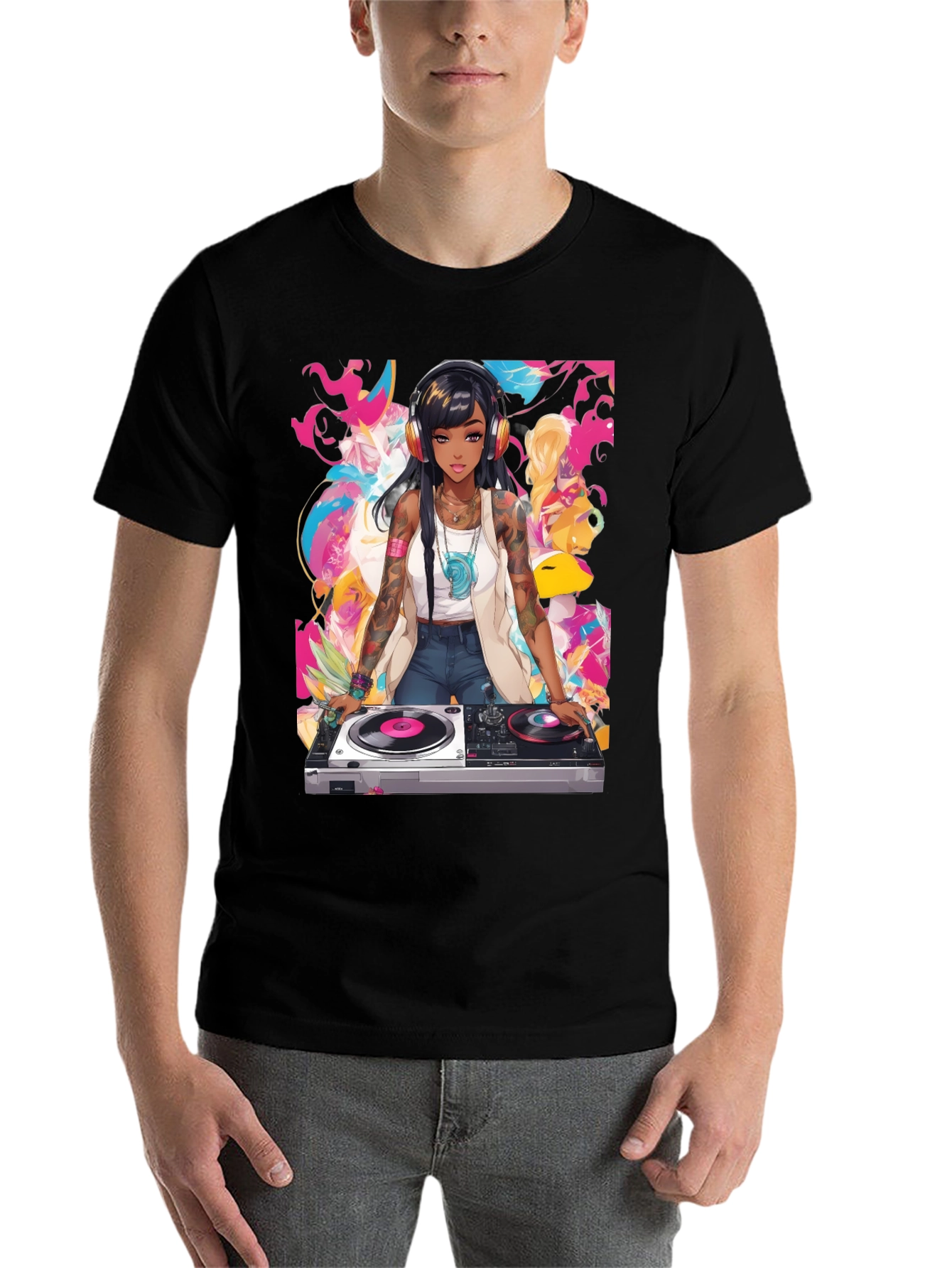 Black DJ Anime Graphic Tee - Cool Black T-Shirt view 7