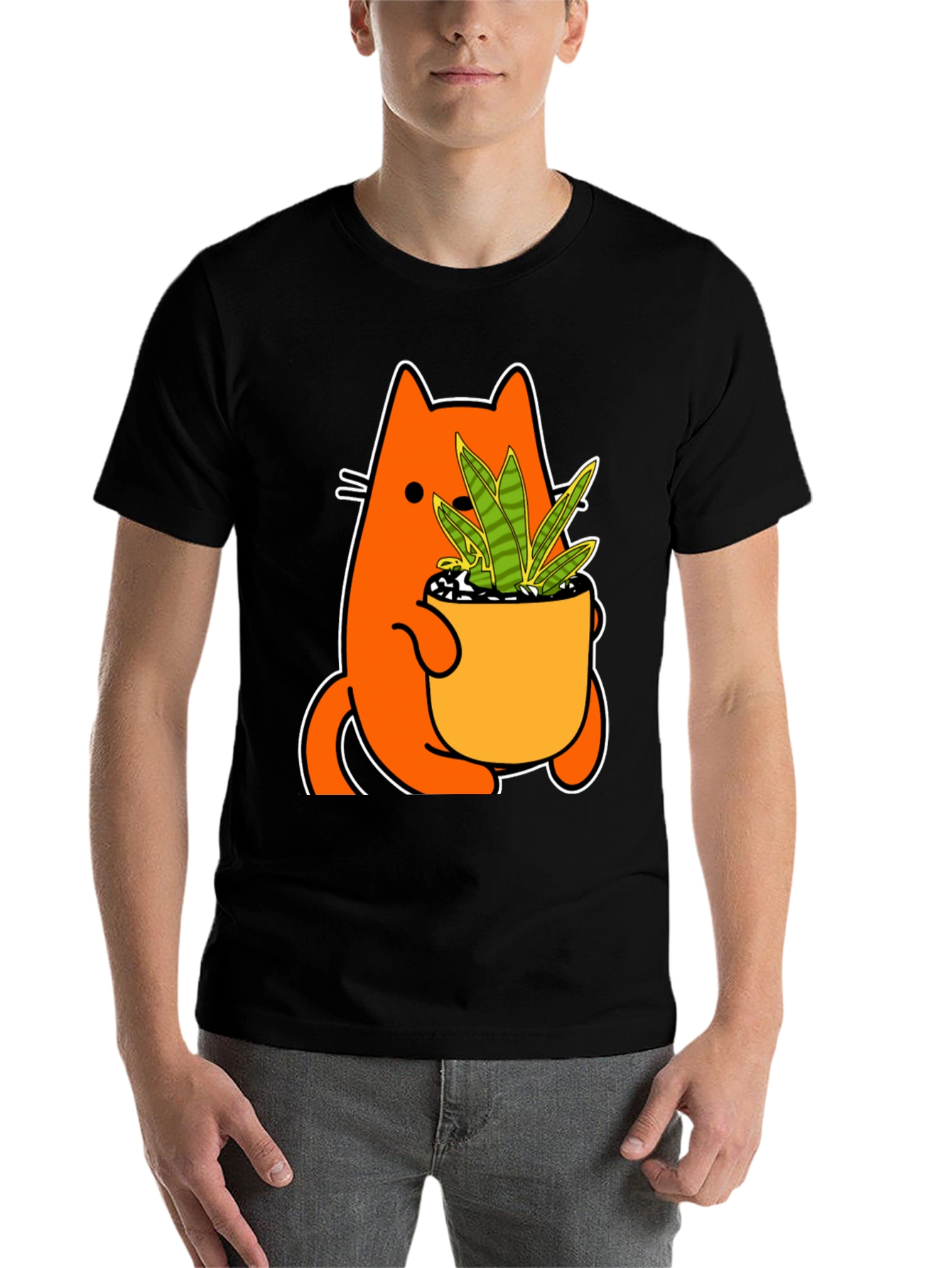 Black Cat Holding Potted Plant Graphic Tee view 7