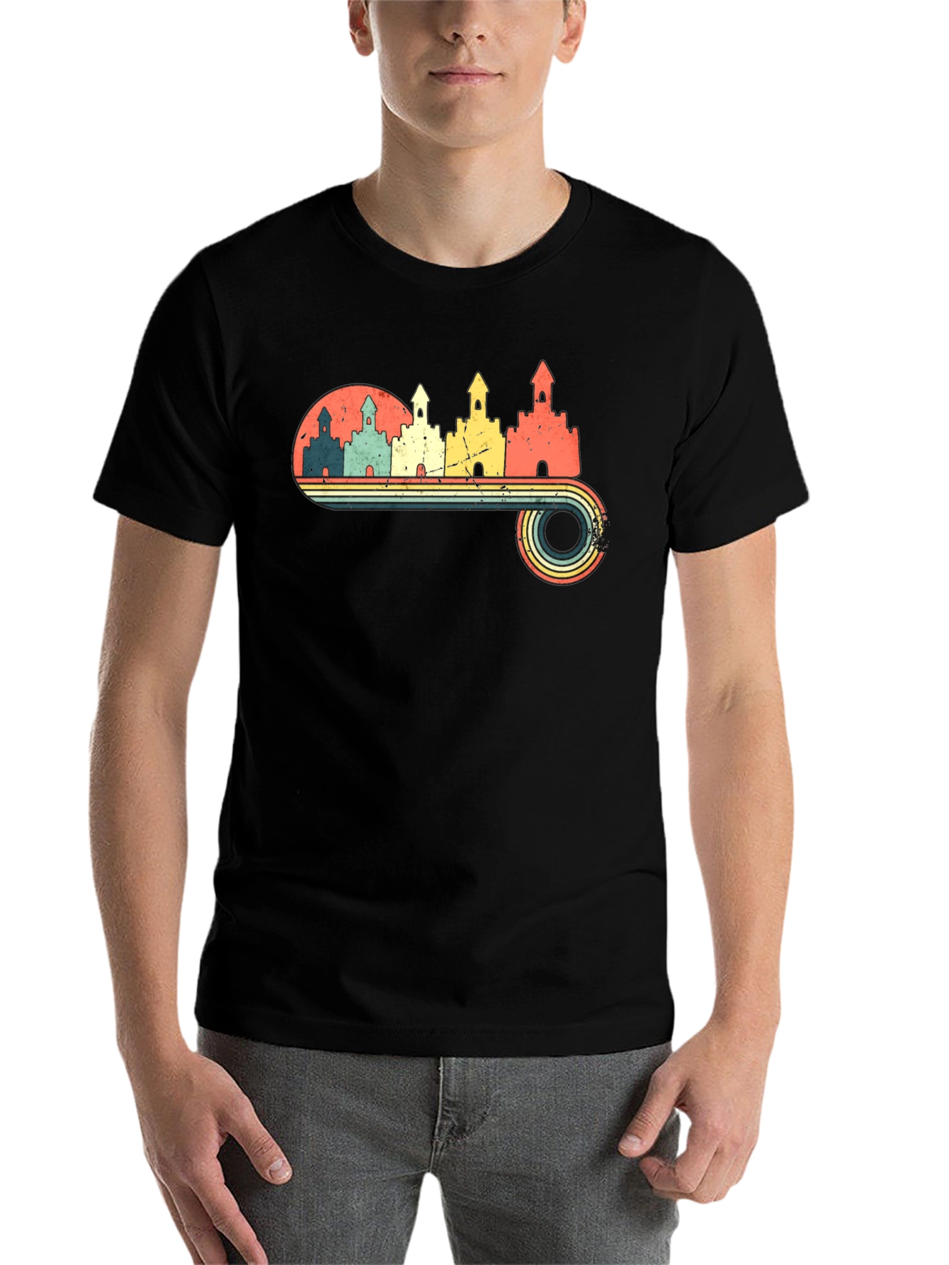 Black Retro Castle Graphic Tee - Vintage Style T-Shirt view 7