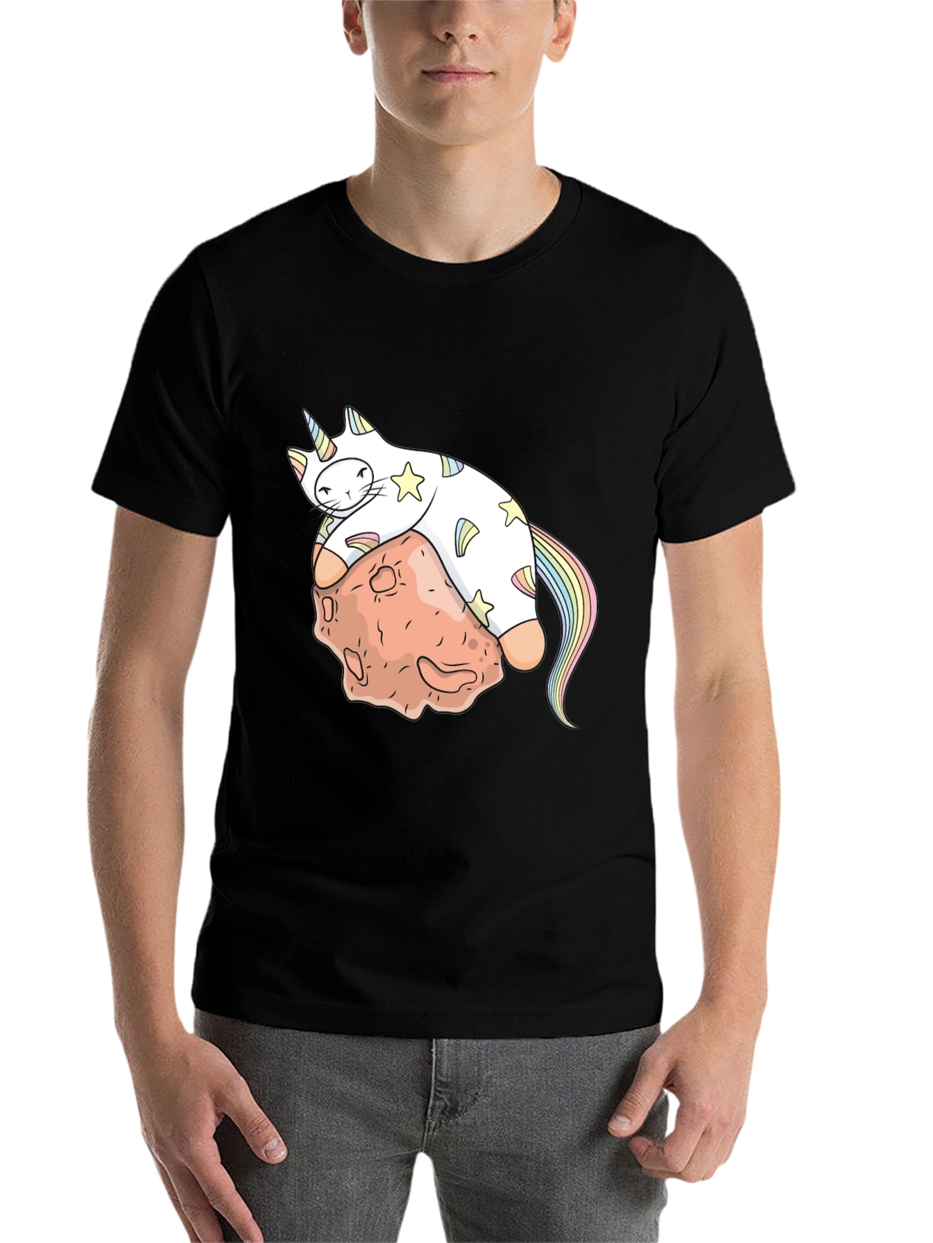 Black Unicorn Cat on Asteroid Graphic T-Shirt view 7