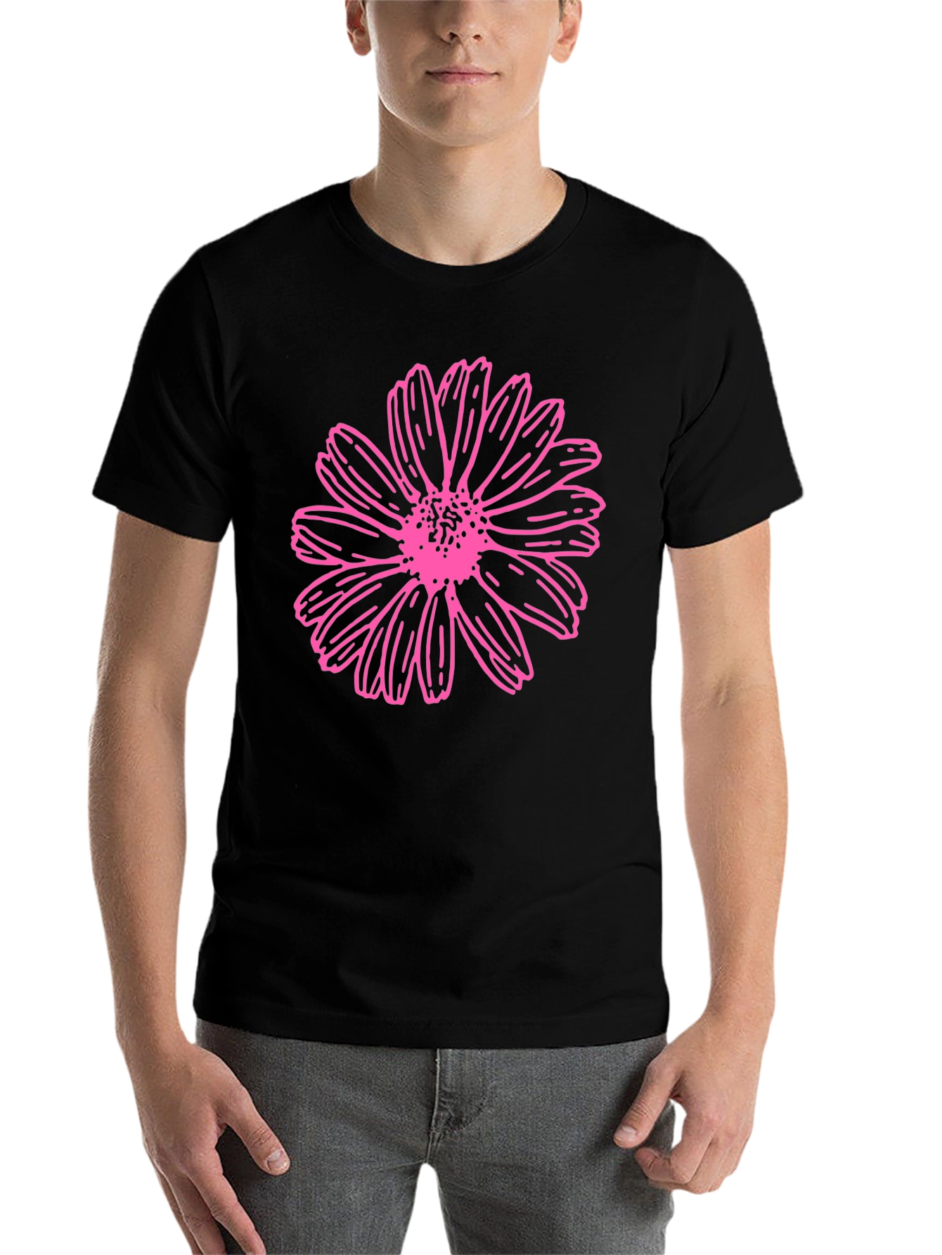 Black Pink Daisy Graphic T-Shirt - Black Cotton Blend view 7